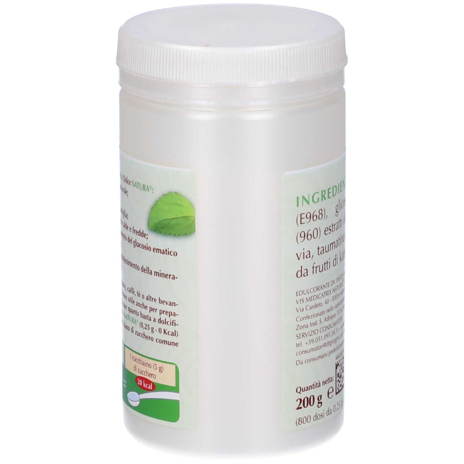 Contenitore bianco con coperchio. Lato con testo, comprese informazioni nutrizionali.