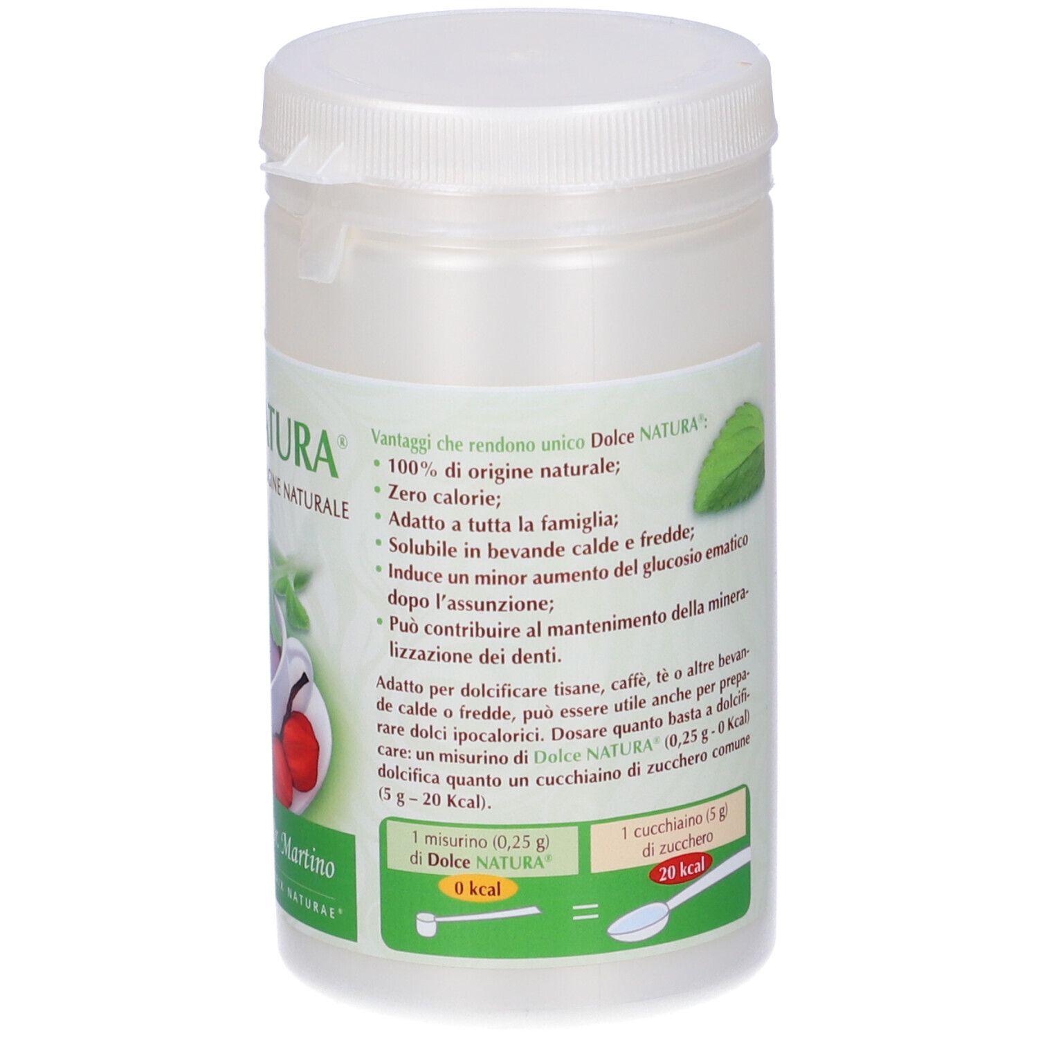 Contenitore bianco con coperchio. Lato con testo, inclusi vantaggi e dosaggio.