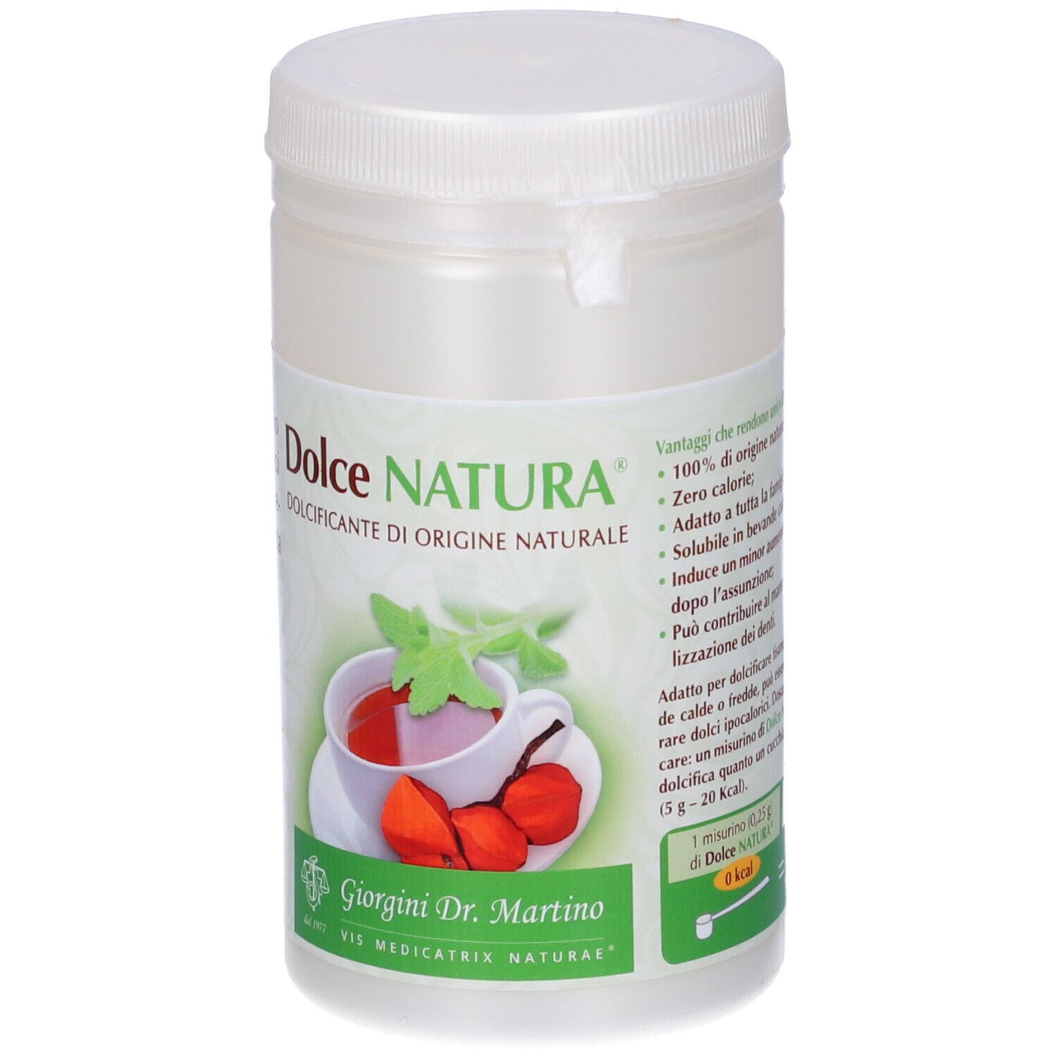 Contenitore bianco con coperchio. Scritta Dolce Natura, logo, immagine di una tazza di tè.
