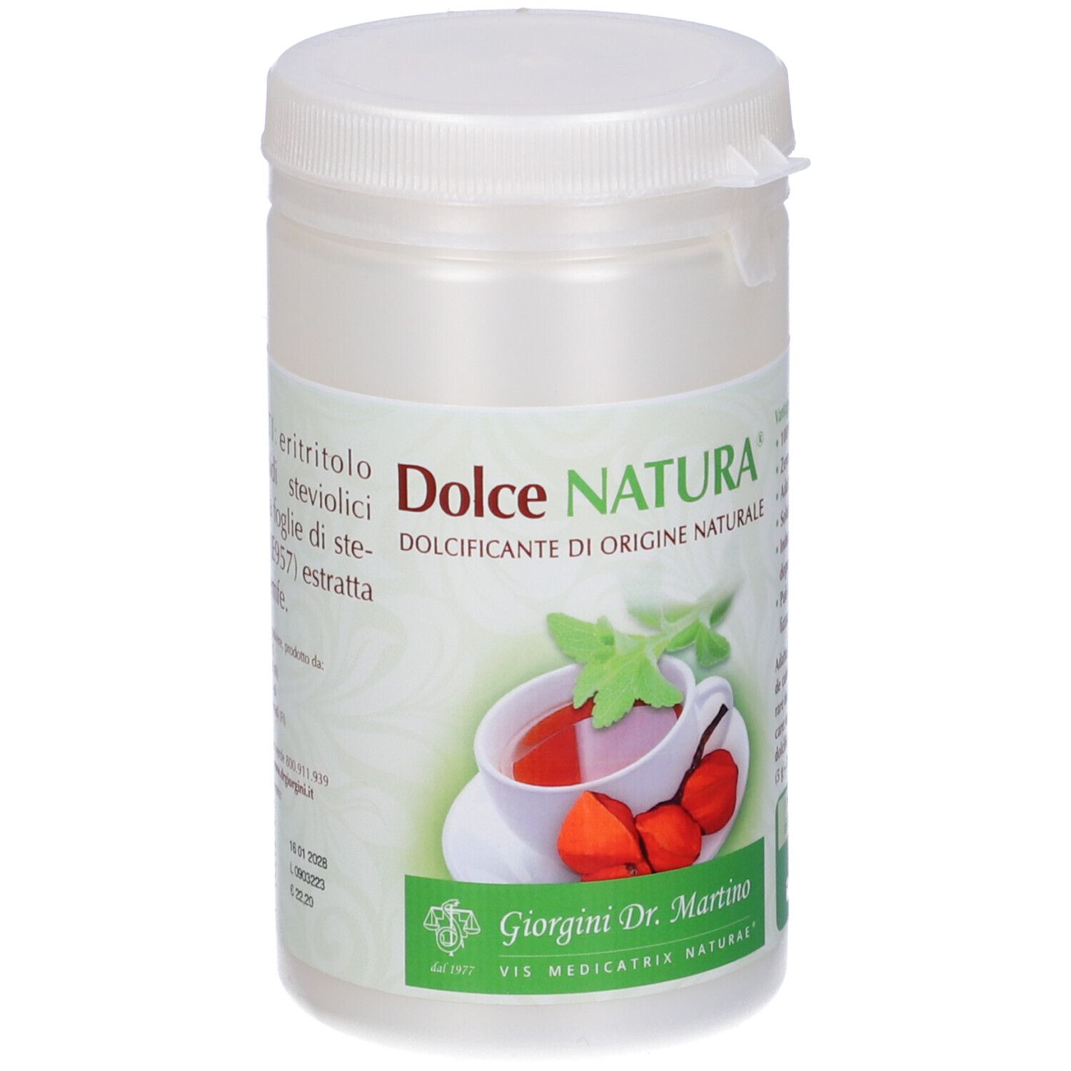 Contenitore bianco con coperchio. Scritta Dolce Natura, logo, immagine di una tazza di tè.