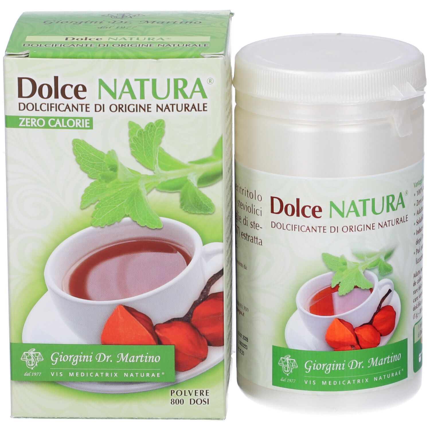 Barattolo e scatola bianchi. Scritta Dolce Natura, logo, immagine di una tazza di tè.