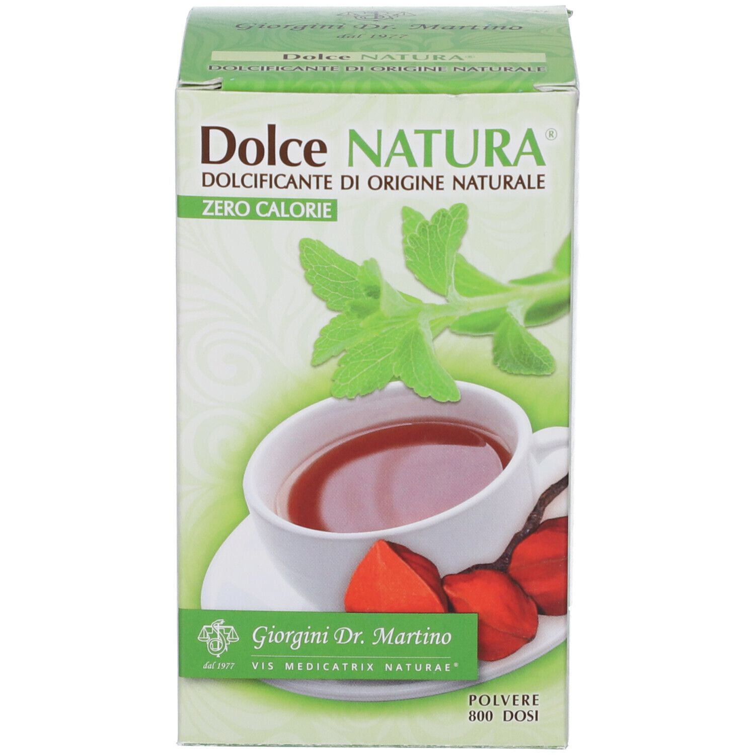 Scatola verde. Scritta Dolce Natura, logo, immagine di una tazza di tè.