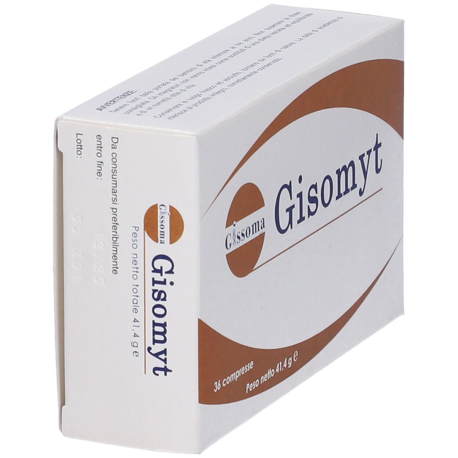 Scatola bianca con dettagli marroni. Scritto: Gisomyt, 36 compresse, Peso netto 41,4 g. Vista laterale.