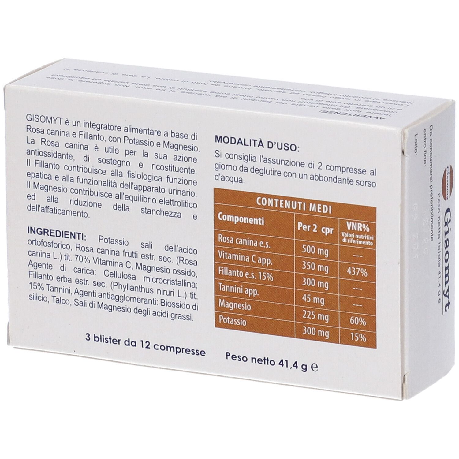 Retro della scatola bianca. Contiene informazioni sugli ingredienti e l'uso. Testo in italiano.