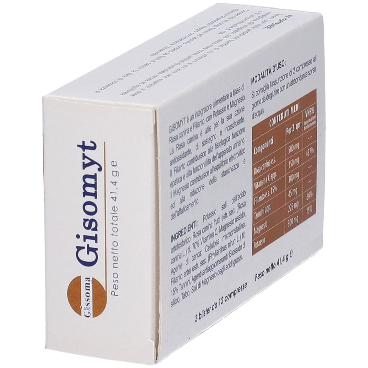 Scatola con informazioni su ingredienti e uso. Testo in italiano. Vista laterale.