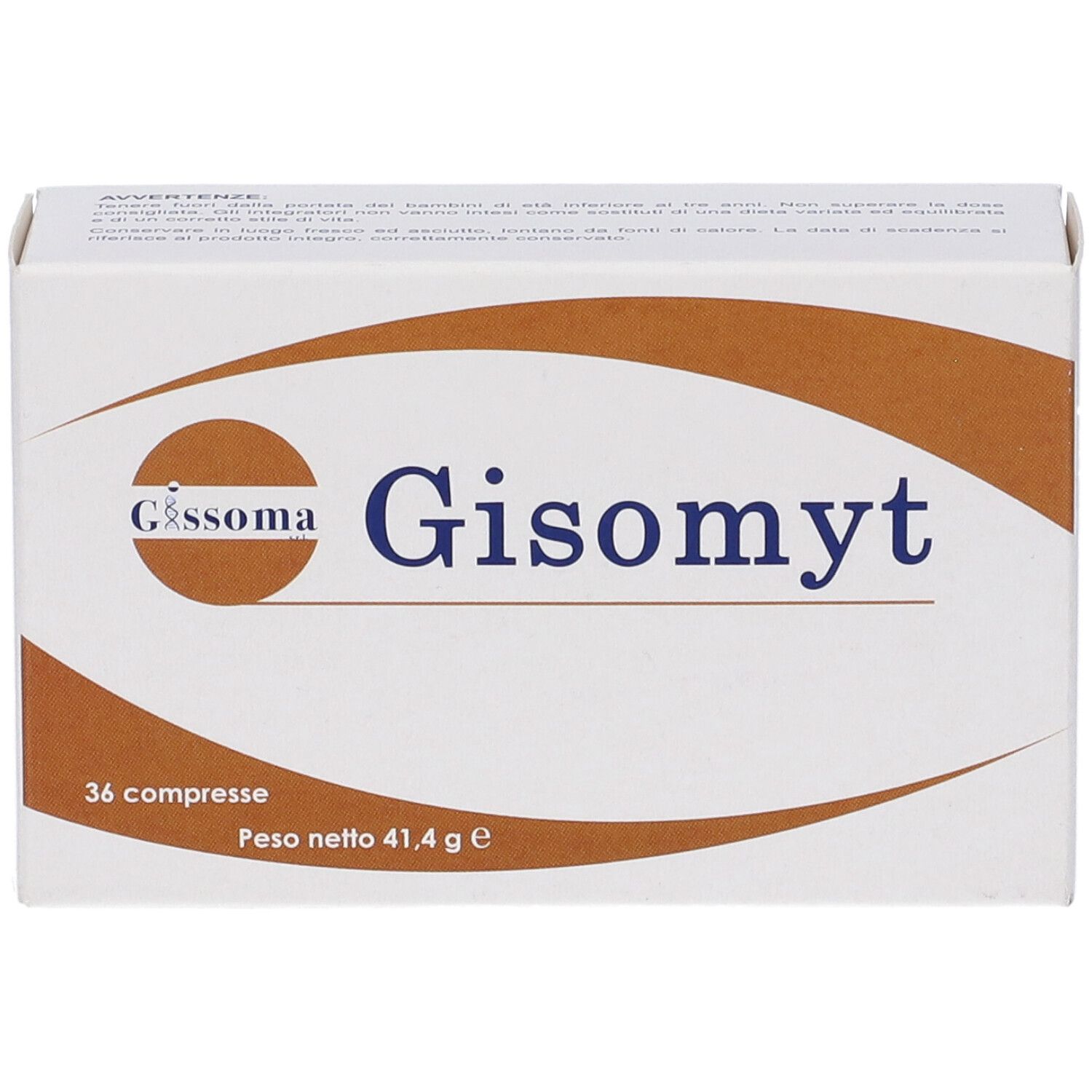 Scatola bianca con dettagli marroni. Scritto: Gisomyt, 36 compresse, Peso netto 41,4 g. Vista dall'alto.