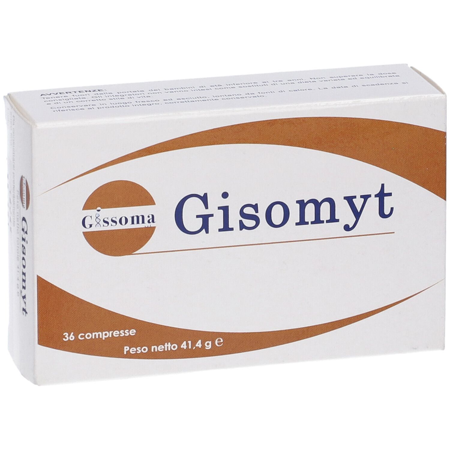 Scatola bianca con dettagli marroni. Scritto: Gisomyt, 36 compresse, Peso netto 41,4 g. Vista frontale.