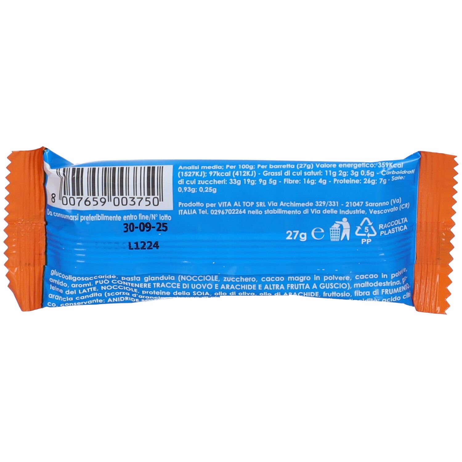 Retro della confezione della barretta. Incarto blu con testo e informazioni nutrizionali. Testo: 27g, lista ingredienti, scadenza.
