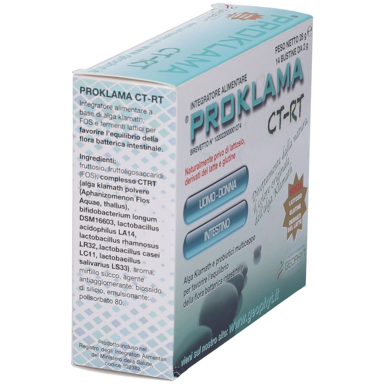 Vista obliqua della confezione Proklama CT-RT. Scritto: 14 Bustine, 28g. Testo: Uomo-Donna, Intestino. Logo Geophyt. Senza lattosio, glutine, derivati del latte.