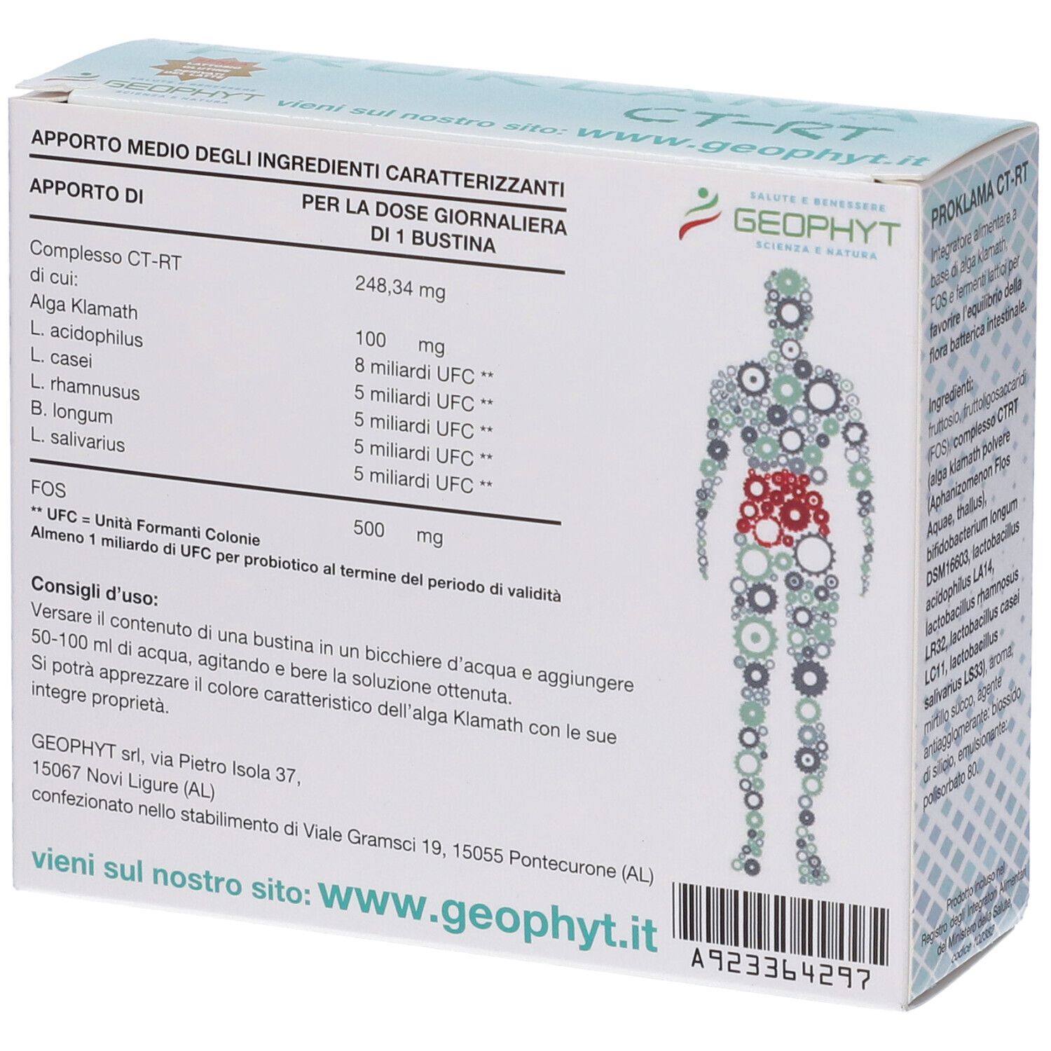 Retro della confezione Proklama CT-RT. Elenco ingredienti e dosaggio. Logo Geophyt. Testo: Alga Klamath, L. acidophilus, L. rhamnosus.