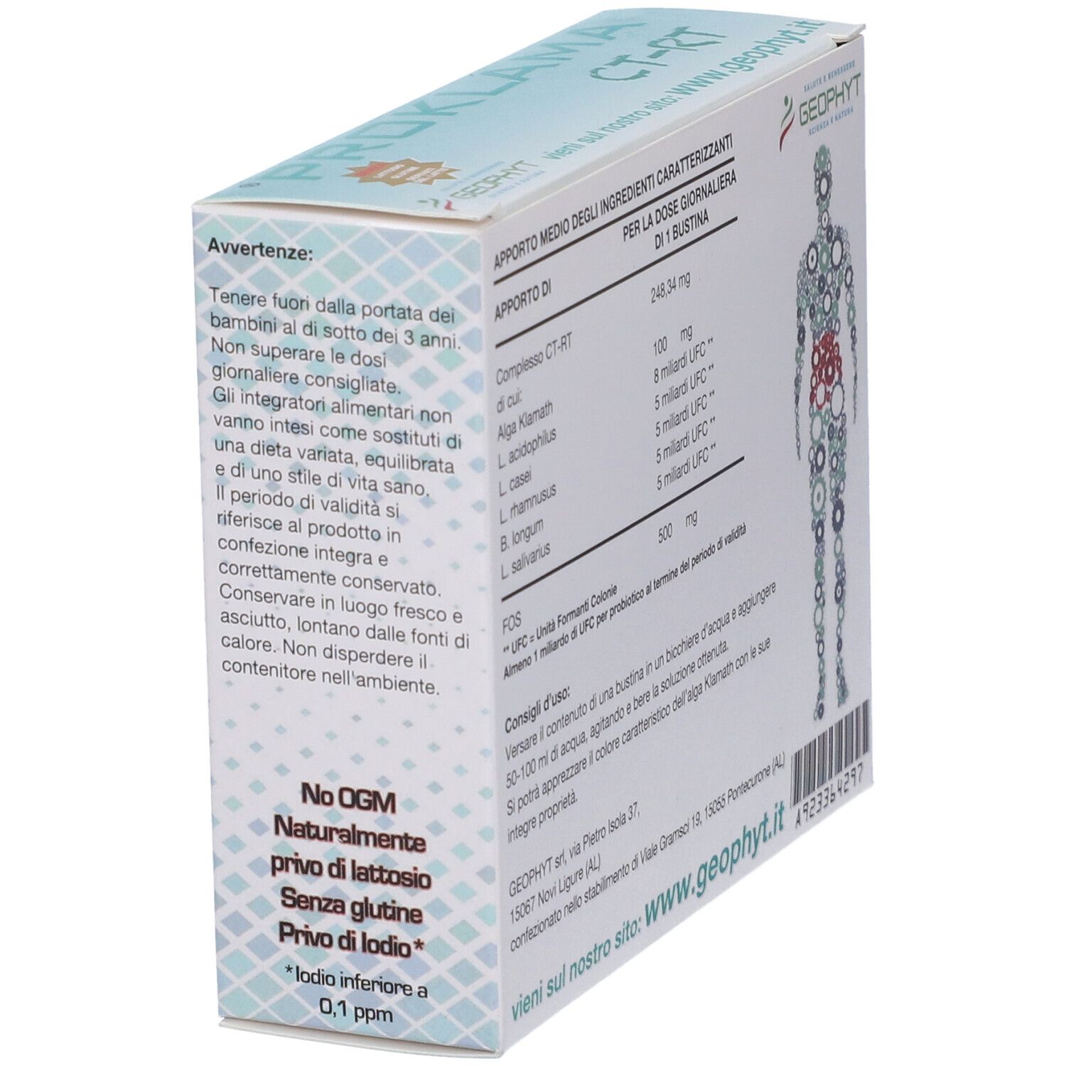 Retro della confezione Proklama CT-RT. Avvertenze e ingredienti. Logo Geophyt. Senza lattosio, glutine, iodio. Testo: Non OGM.