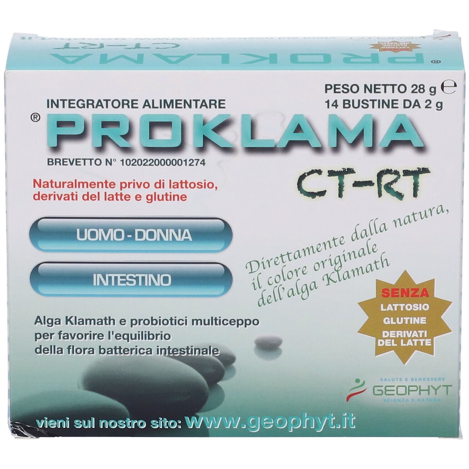 Confezione Proklama CT-RT. Scritto: 14 Bustine, 28g. Testo: Uomo-Donna, Intestino. Logo Geophyt. Senza lattosio, glutine, derivati del latte.