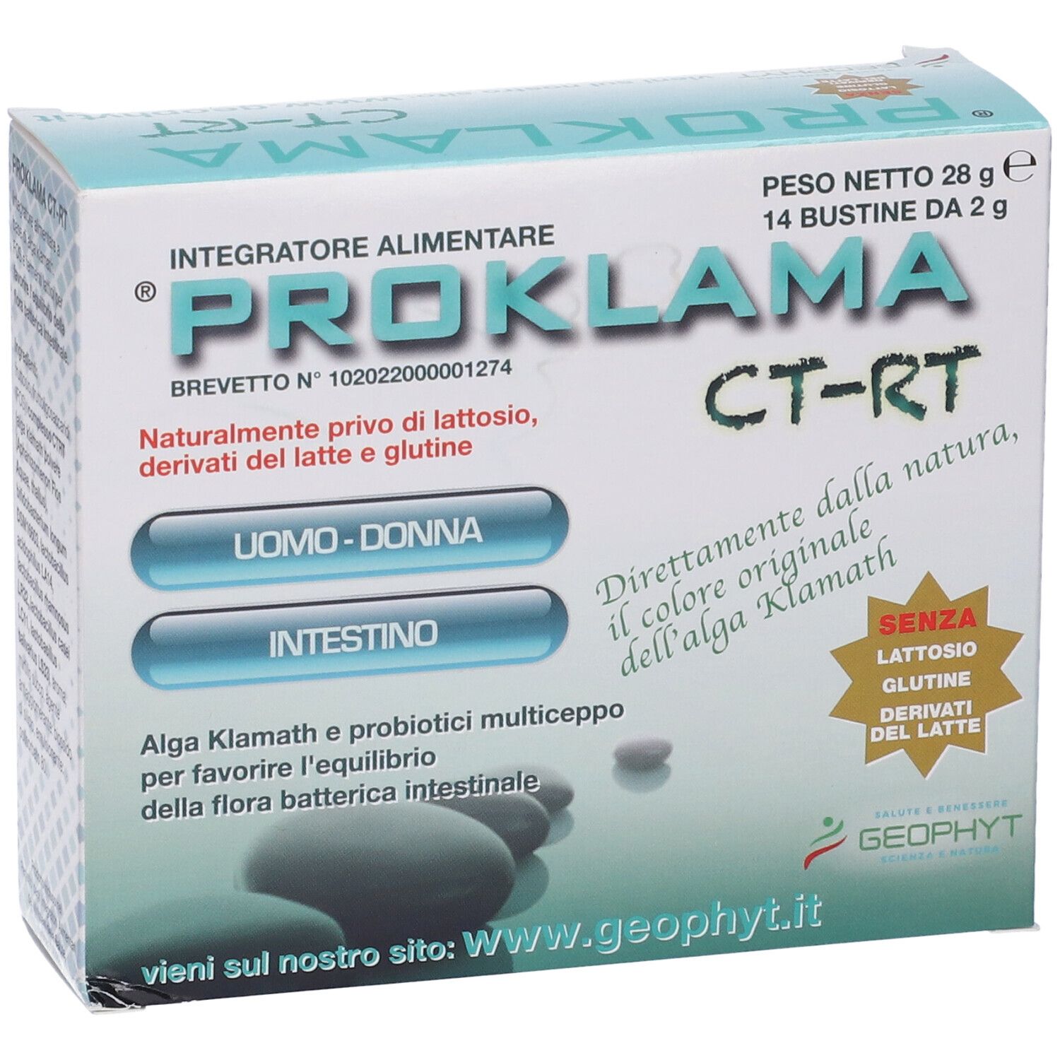 Confezione Proklama CT-RT. Scritto: 14 Bustine, 28g. Testo: Uomo-Donna, Intestino. Logo Geophyt. Senza lattosio, glutine, derivati del latte.