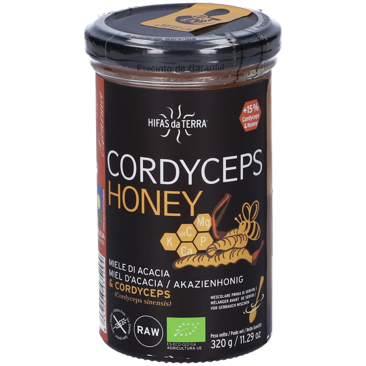 Barattolo di Cordyceps Honey. Etichetta nera con nome prodotto, illustrazione e marchio bio. 320g.