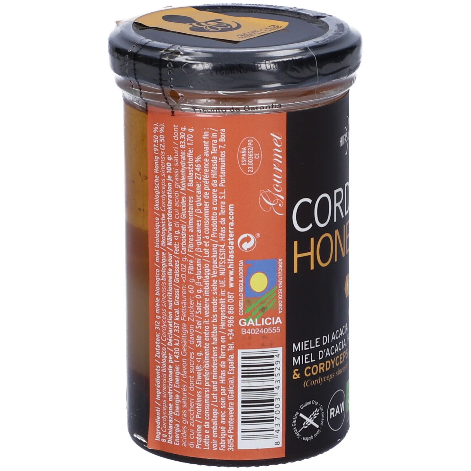 Retro del barattolo di Cordyceps Honey. Etichetta con informazioni nutrizionali, ingredienti e marchio bio.
