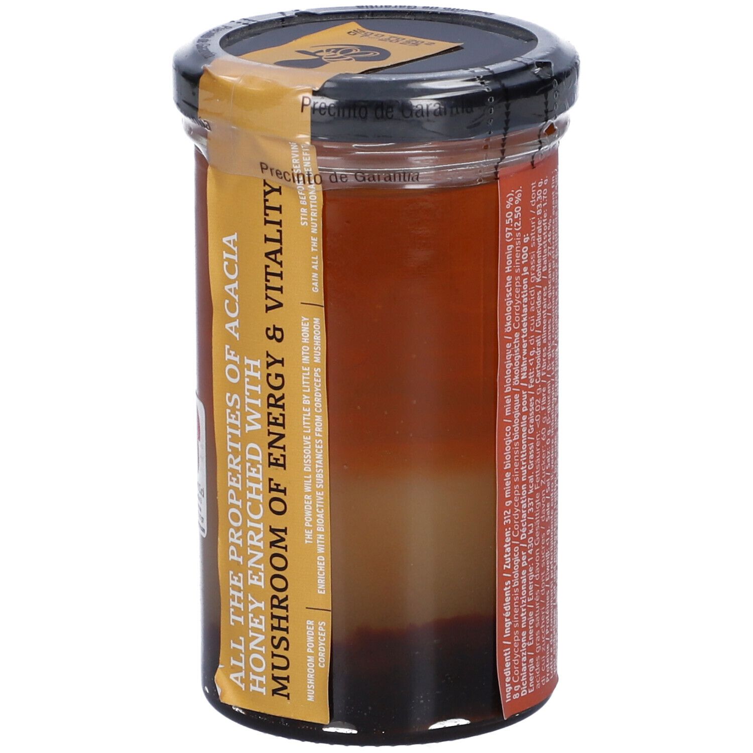 Barattolo di Cordyceps Honey. Etichetta con informazioni prodotto e adesivo 'Energia & Vitalità'.