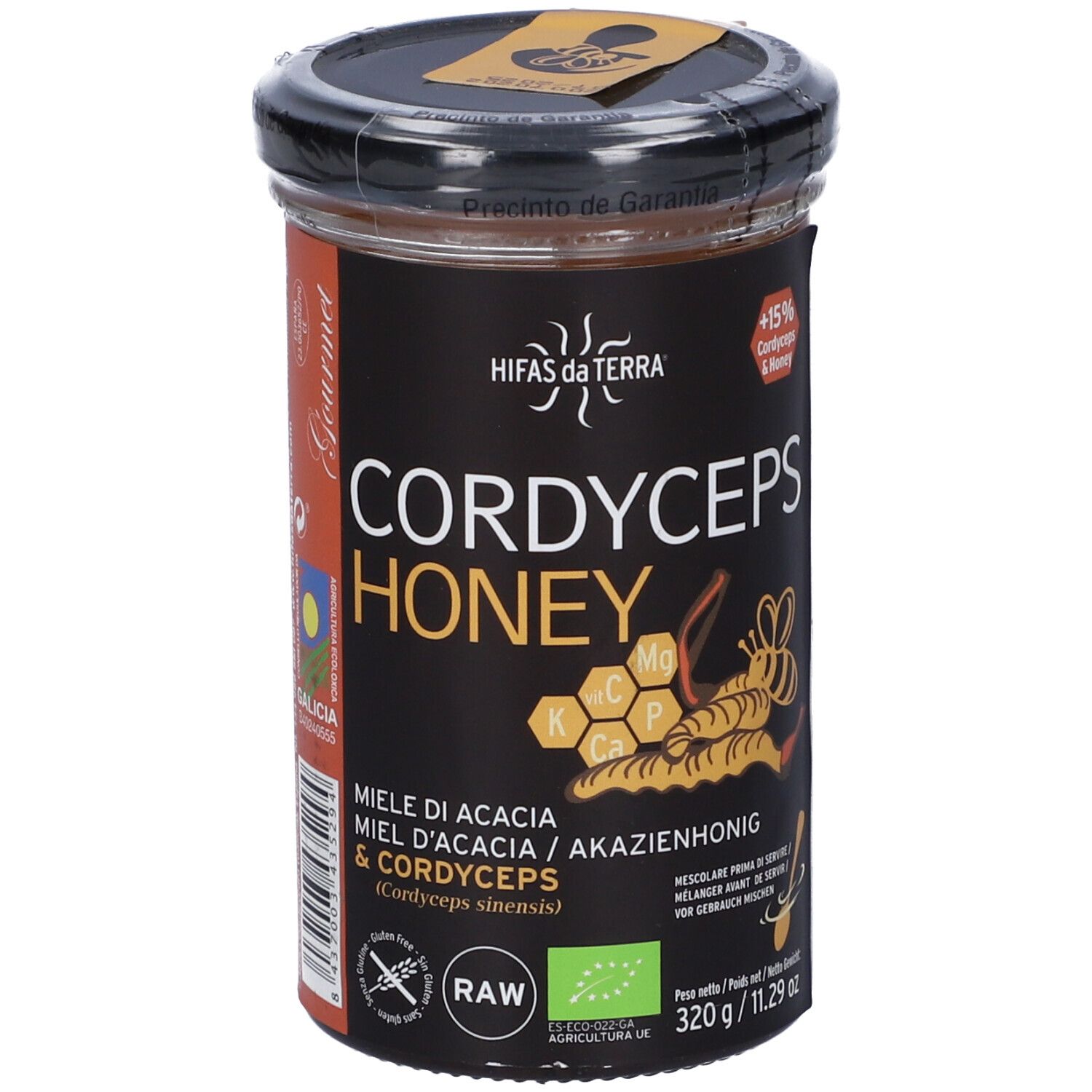 Barattolo di Cordyceps Honey. Etichetta nera con nome prodotto, illustrazione e marchio bio. 320g.