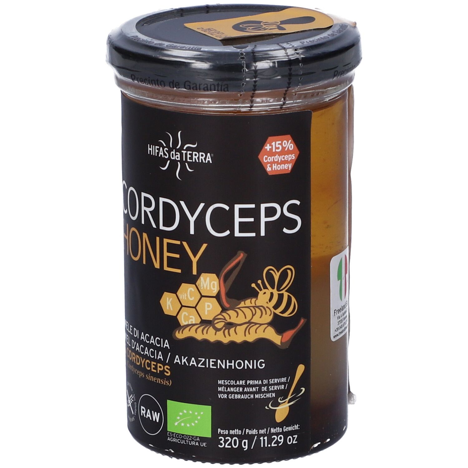 Barattolo di Cordyceps Honey. Etichetta nera con nome prodotto, illustrazione e marchio bio. 320g.