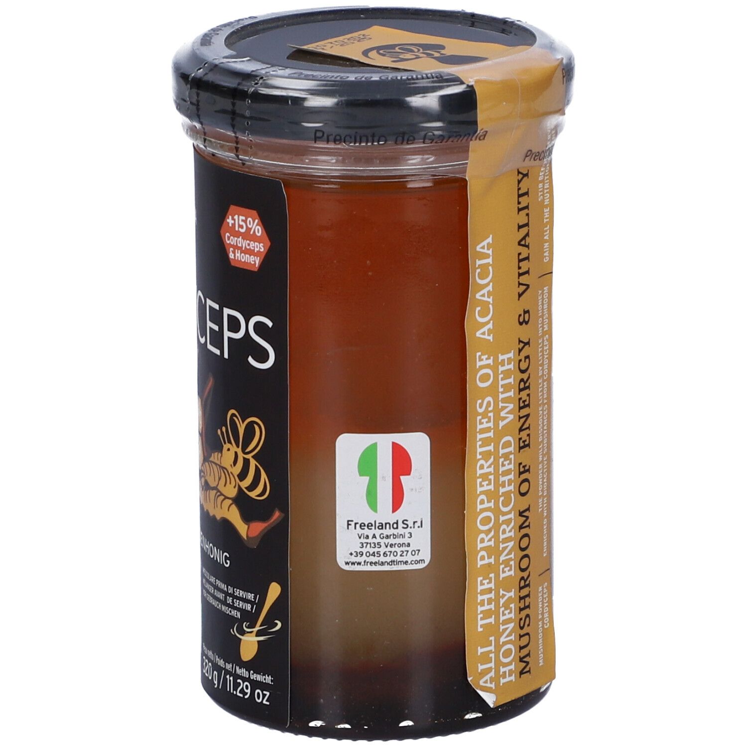 Barattolo di Cordyceps Honey. Etichetta con informazioni prodotto e adesivo 'Energia & Vitalità'.