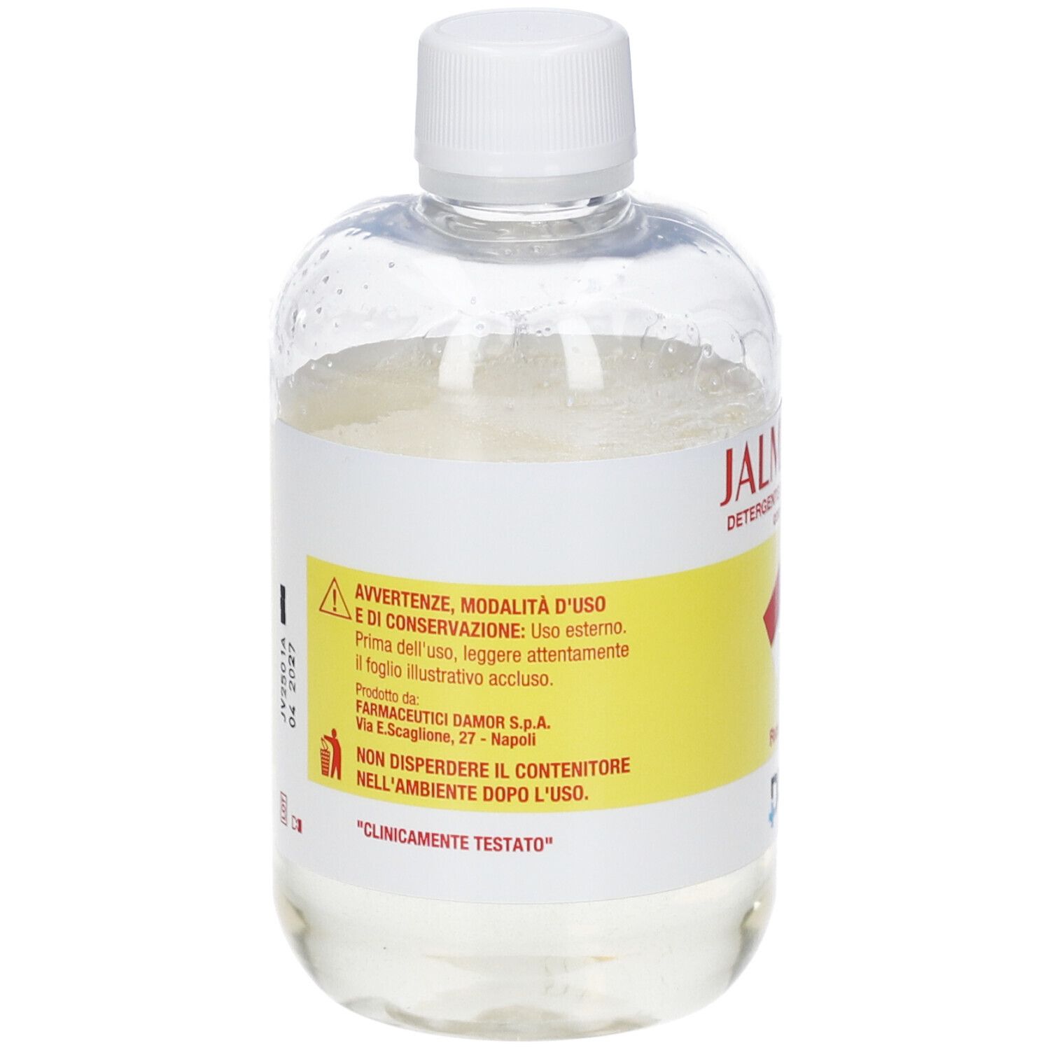 Flacone trasparente con liquido. Scritto: Jalma Over, Detergente Intimo, pH neutro. Contiene avvertenze.