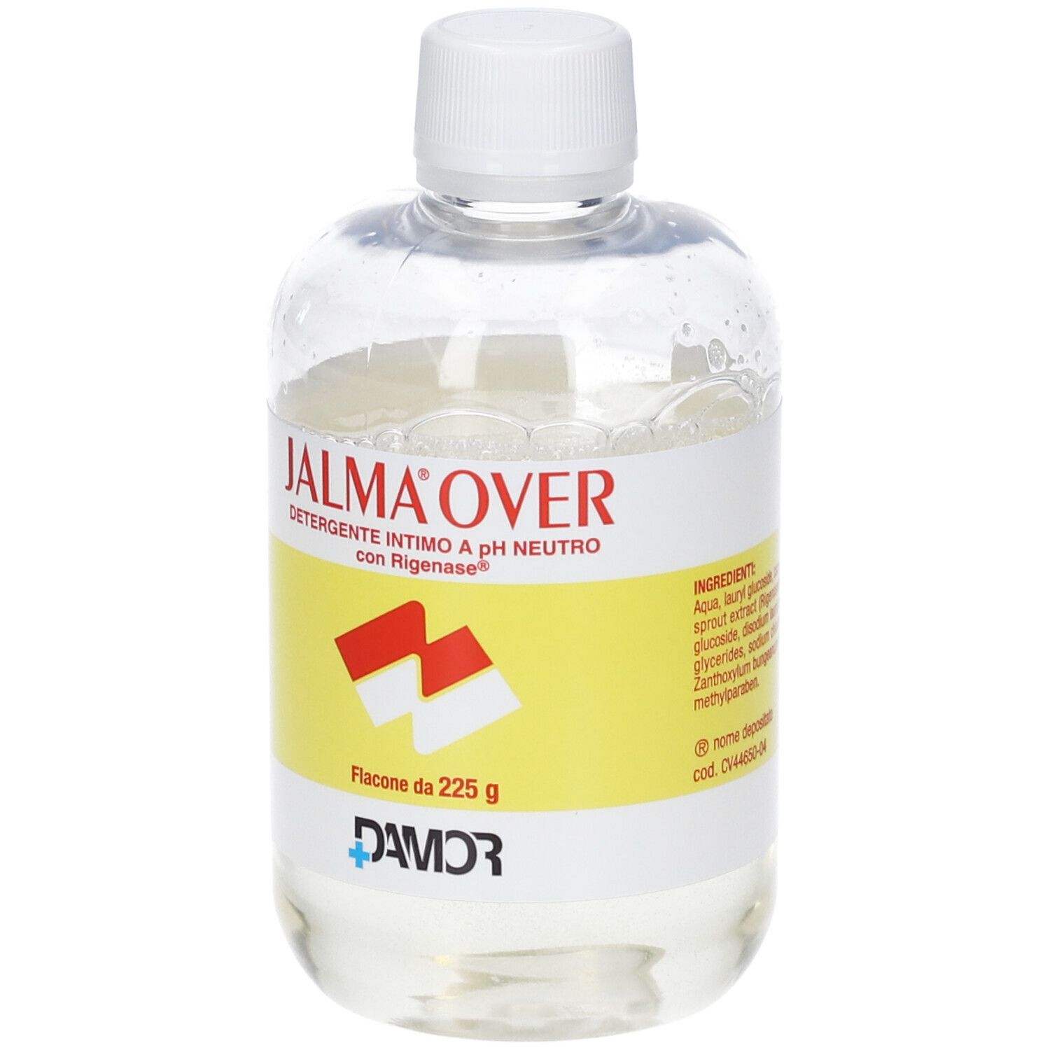 Flacone trasparente con liquido. Scritto: Jalma Over, Detergente Intimo, pH neutro. Logo e nome del prodotto visibili.