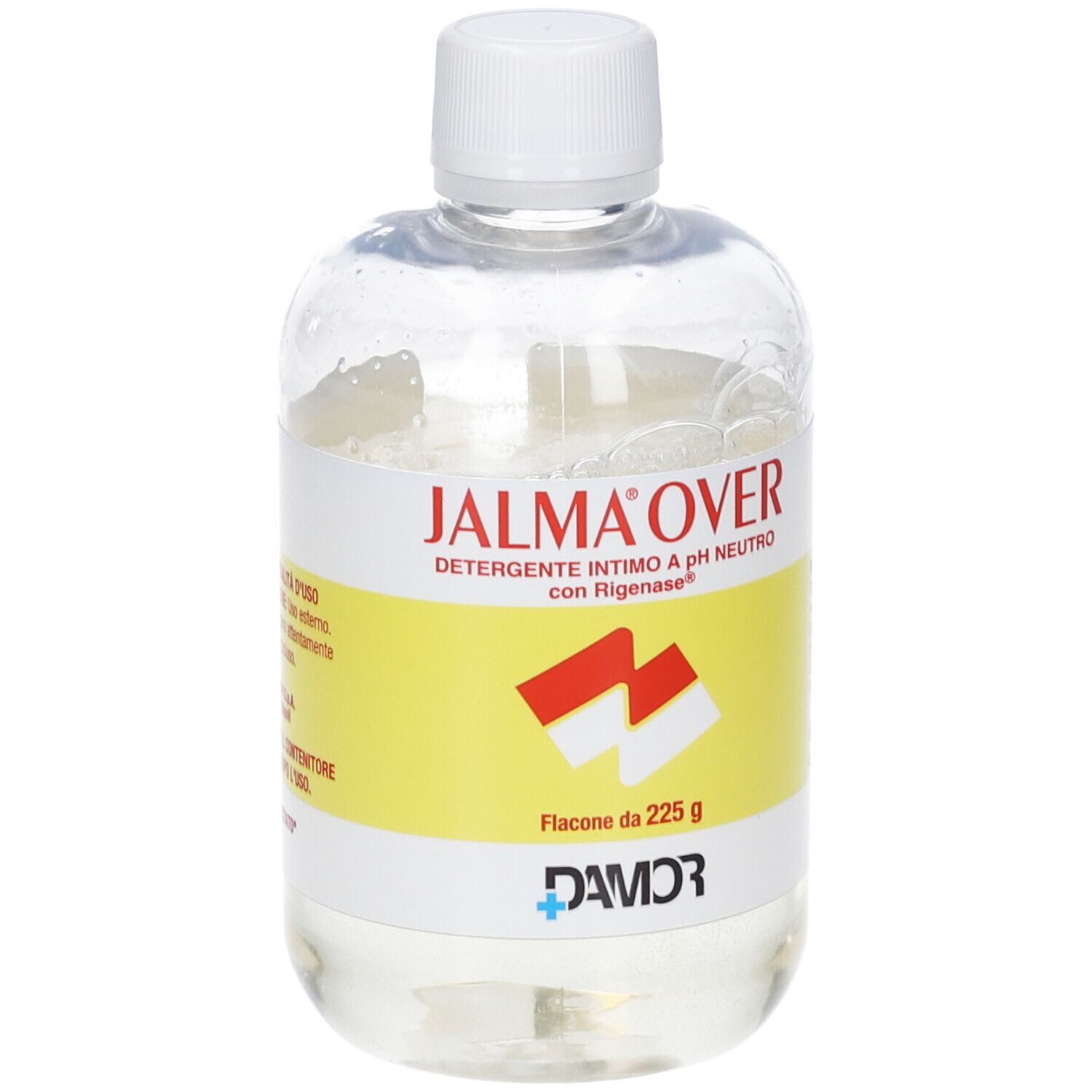 Flacone trasparente con liquido. Scritto: Jalma Over, Detergente Intimo, pH neutro. Logo e nome del prodotto visibili.