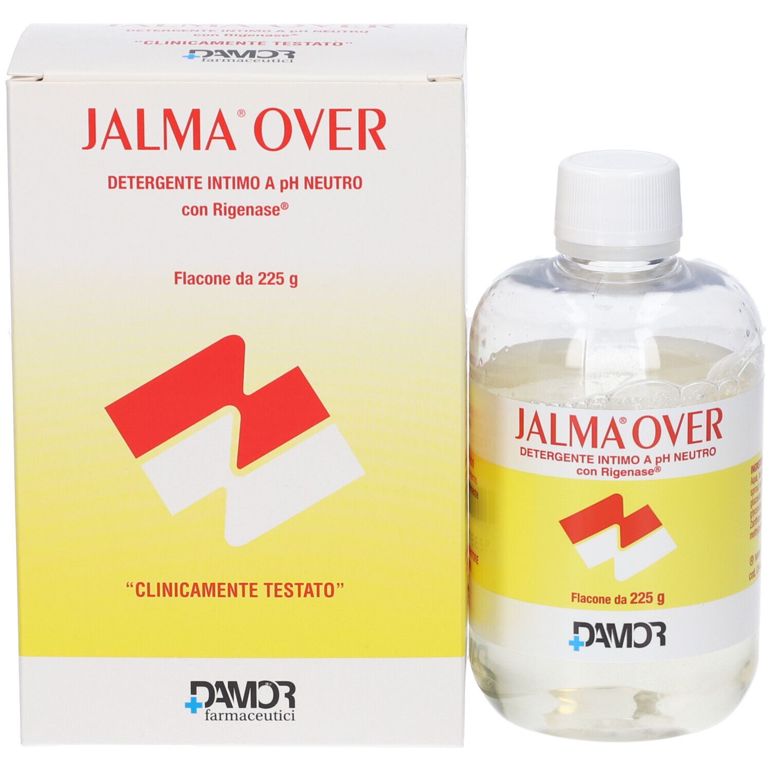 Prodotto e confezione. Flacone e scatola. Scritto: Jalma Over, Detergente Intimo, pH neutro. Logo visibile.