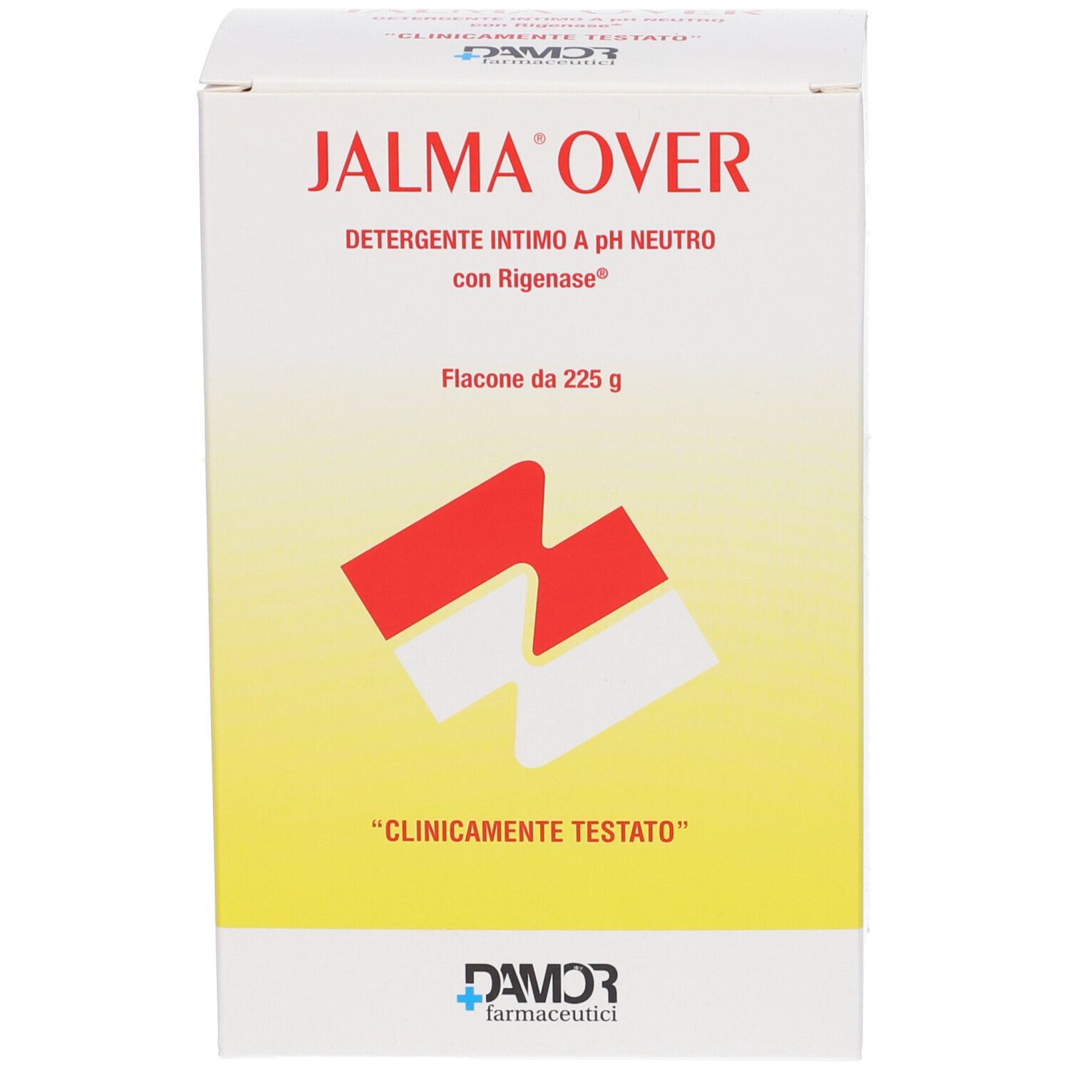 Confezione del prodotto. Scritto: Jalma Over, Detergente Intimo, pH neutro. Logo e nome del prodotto visibili.
