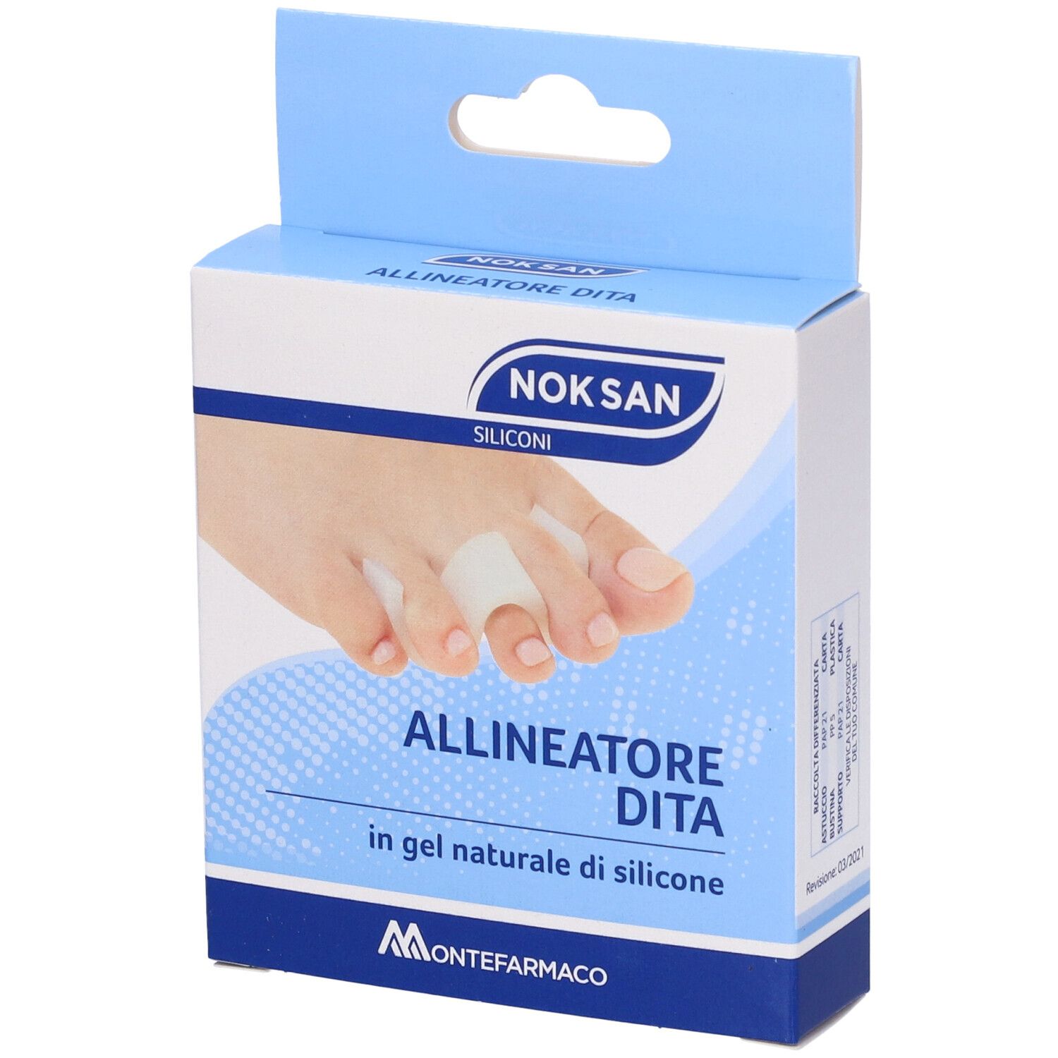 Confezione prodotto Nok San Allineatore Dita. Scatola con immagine di un piede con separatore. Testo: Allineatore Dita.