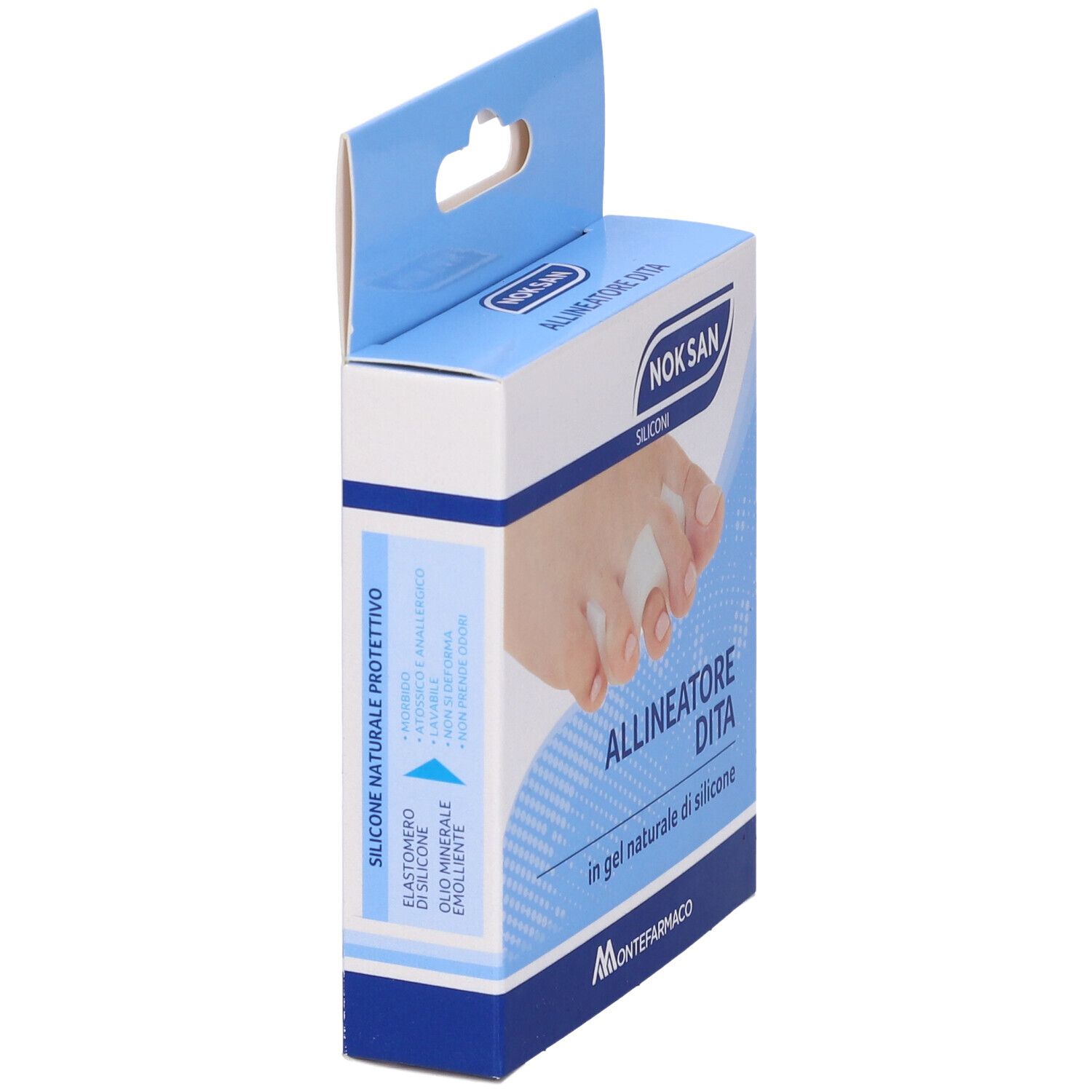 Confezione prodotto Nok San Allineatore Dita. Vista obliqua della confezione. Immagine di un piede con separatore. Testo: Allineatore Dita.