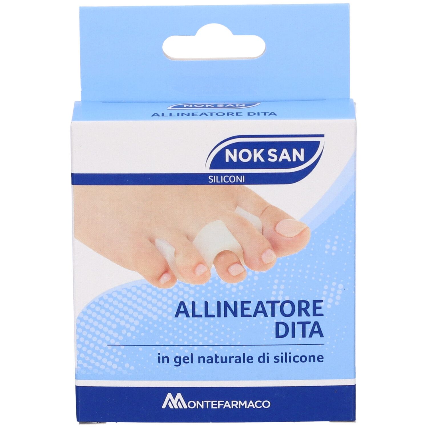 Confezione prodotto Nok San Allineatore Dita. Scatola con immagine di un piede con separatore. Testo: Allineatore Dita.