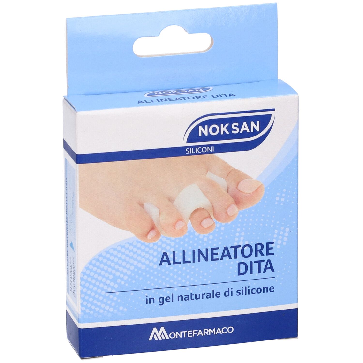 Confezione prodotto Nok San Allineatore Dita. Scatola con immagine di un piede con separatore. Testo: Allineatore Dita.