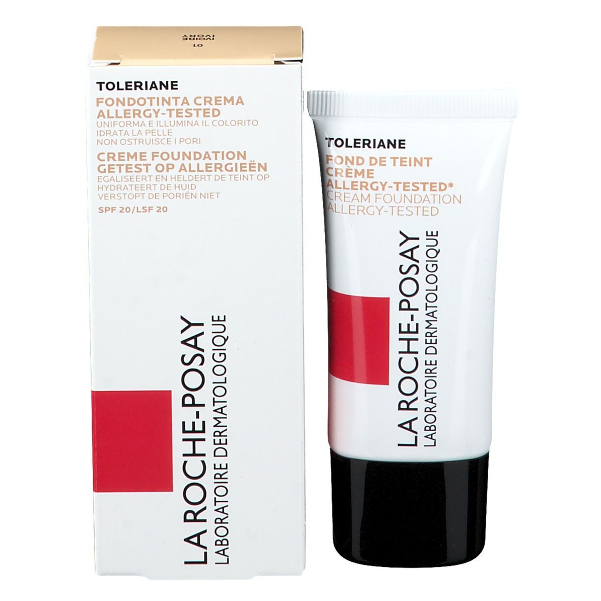 Tubo e confezione di crema make-up Toleriane. Bianco con striscia rossa. Testo: La Roche-Posay, Creme Foundation.