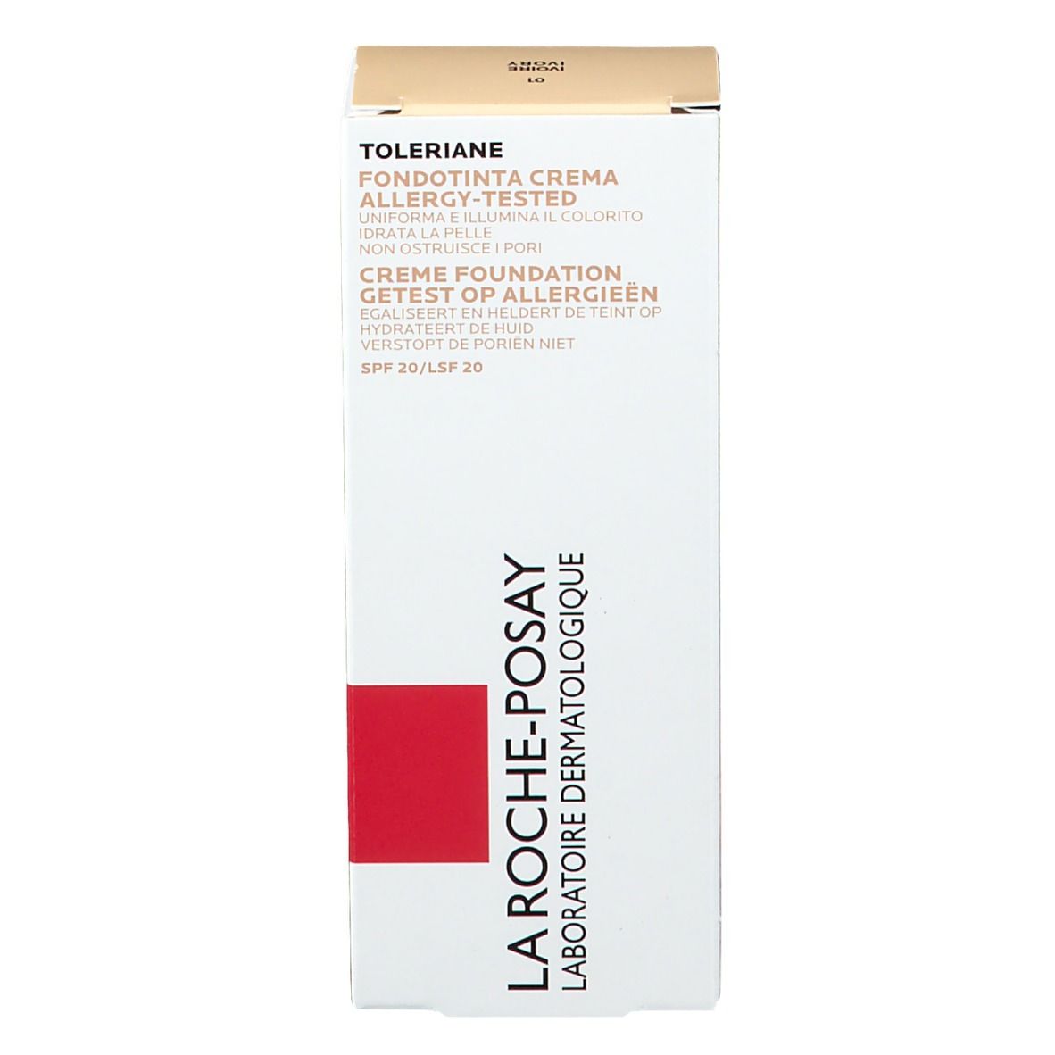 Confezione della crema make-up Toleriane. Bianco con striscia rossa. Testo: La Roche-Posay, Creme Foundation, SPF 20.