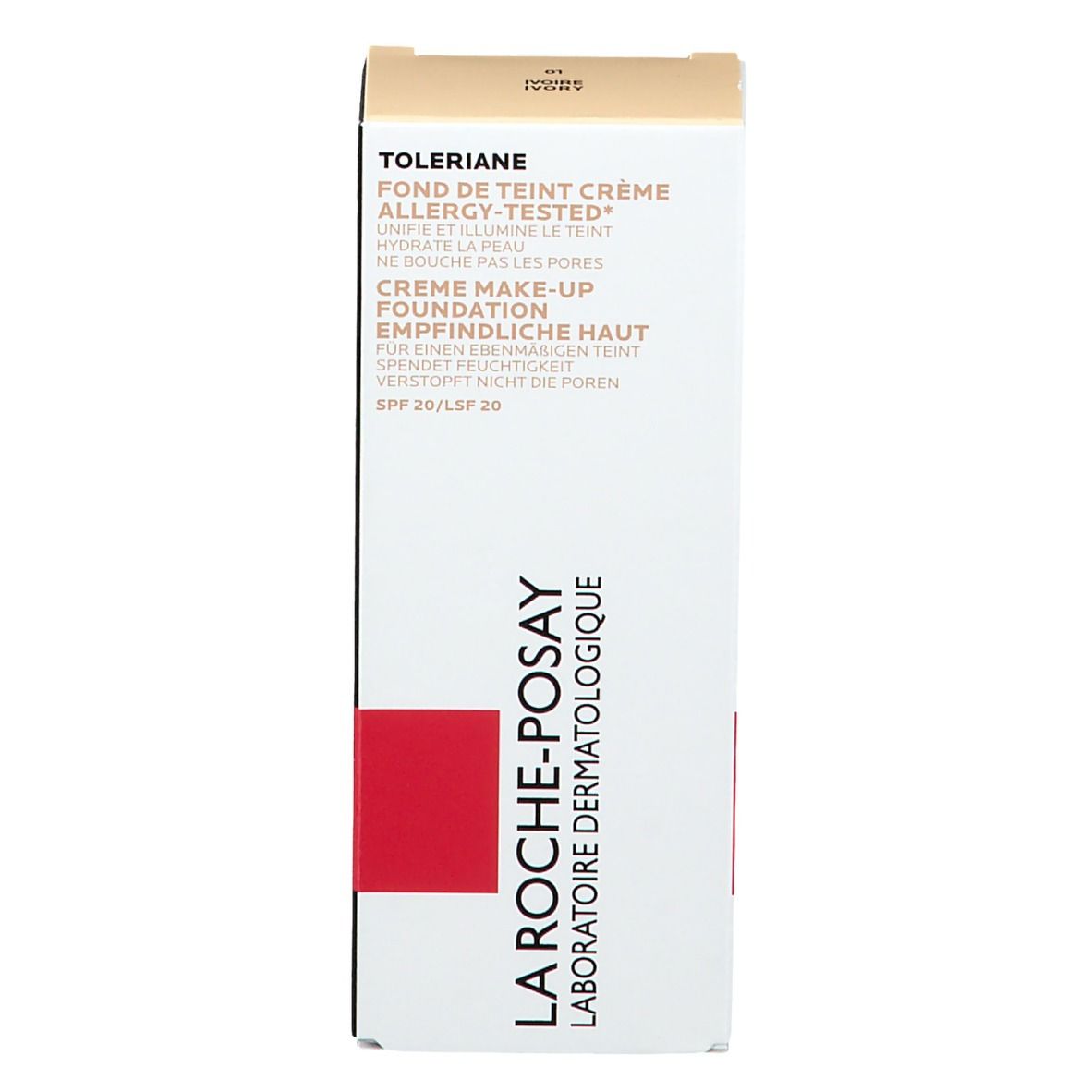 Confezione della crema make-up Toleriane. Bianco con striscia rossa. Testo: La Roche-Posay, Creme Foundation, SPF 20.
