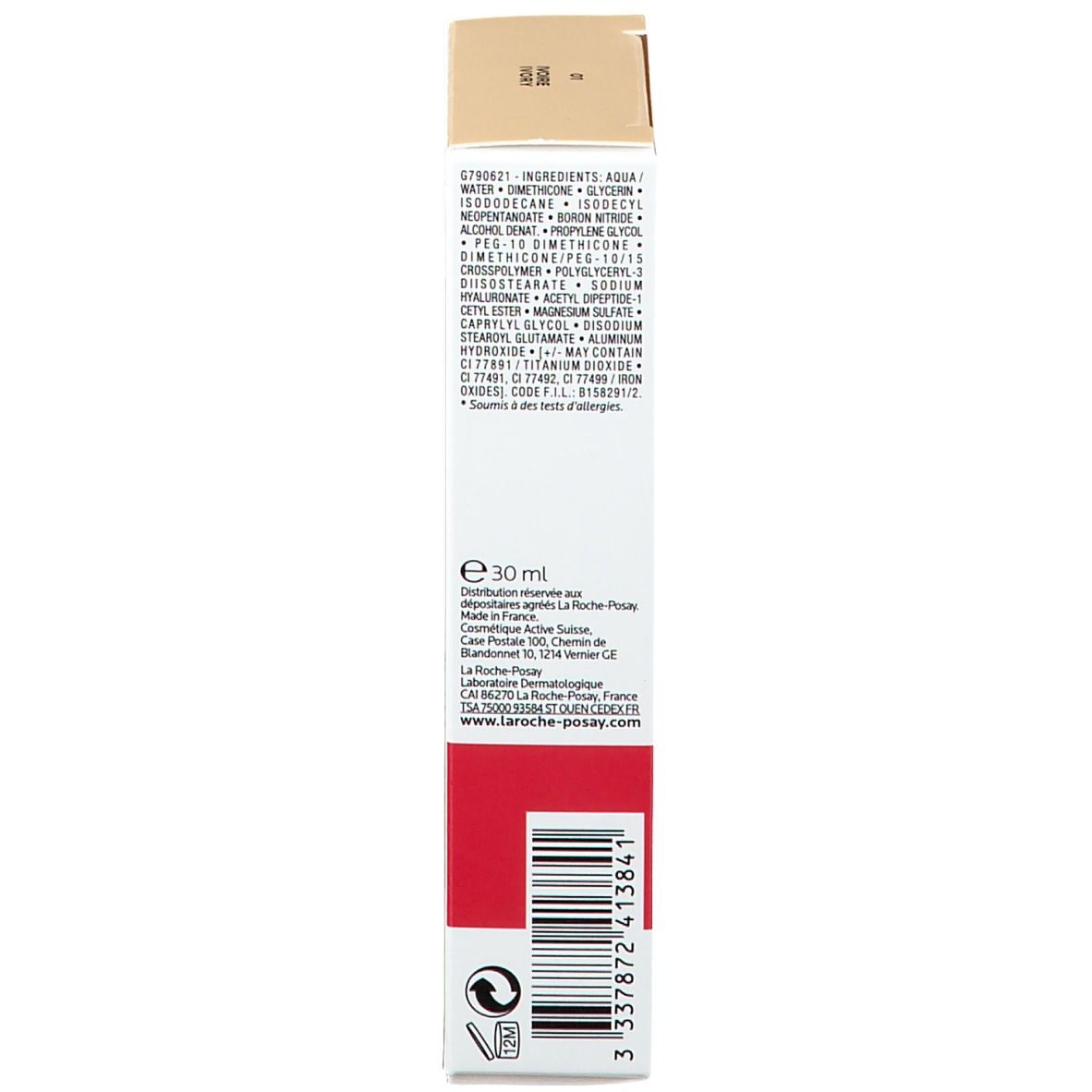 Retro della confezione della crema make-up Toleriane. Testo: ingredienti, informazioni produttore, codice a barre.