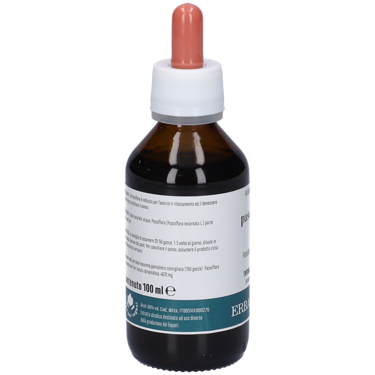 Flacone di vetro marrone con tappo bianco e pipetta. Etichetta con testo. Scritta: 100 ml.