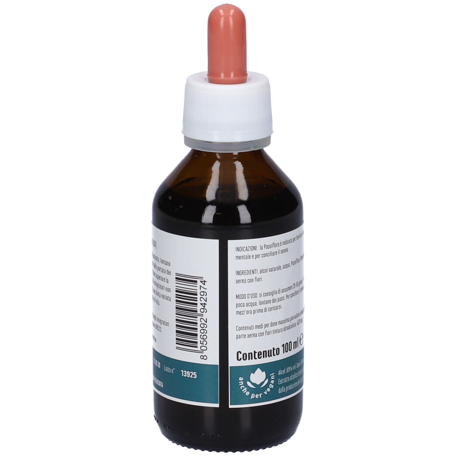 Flacone di vetro marrone con tappo bianco e pipetta. Etichetta con testo. Scritta: Contenuto 100 ml.