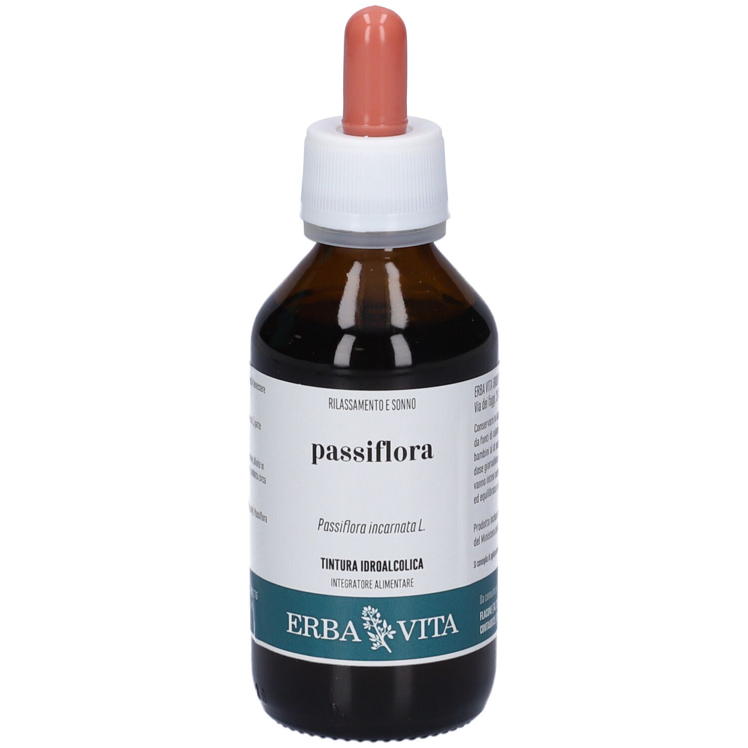 Flacone di vetro marrone con tappo bianco e pipetta. Scritta: passiflora, Erba Vita.