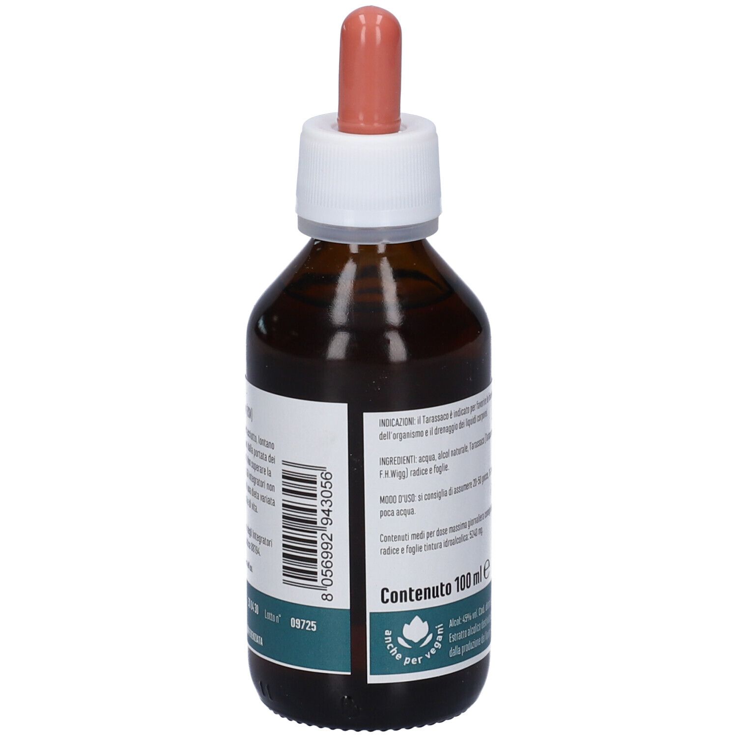 Flacone di vetro marrone con contagocce. Scritta "tarassaco" e "TINTURA IDROALCOLICA". Marchio: ERBA VITA. Contiene 100 ml.