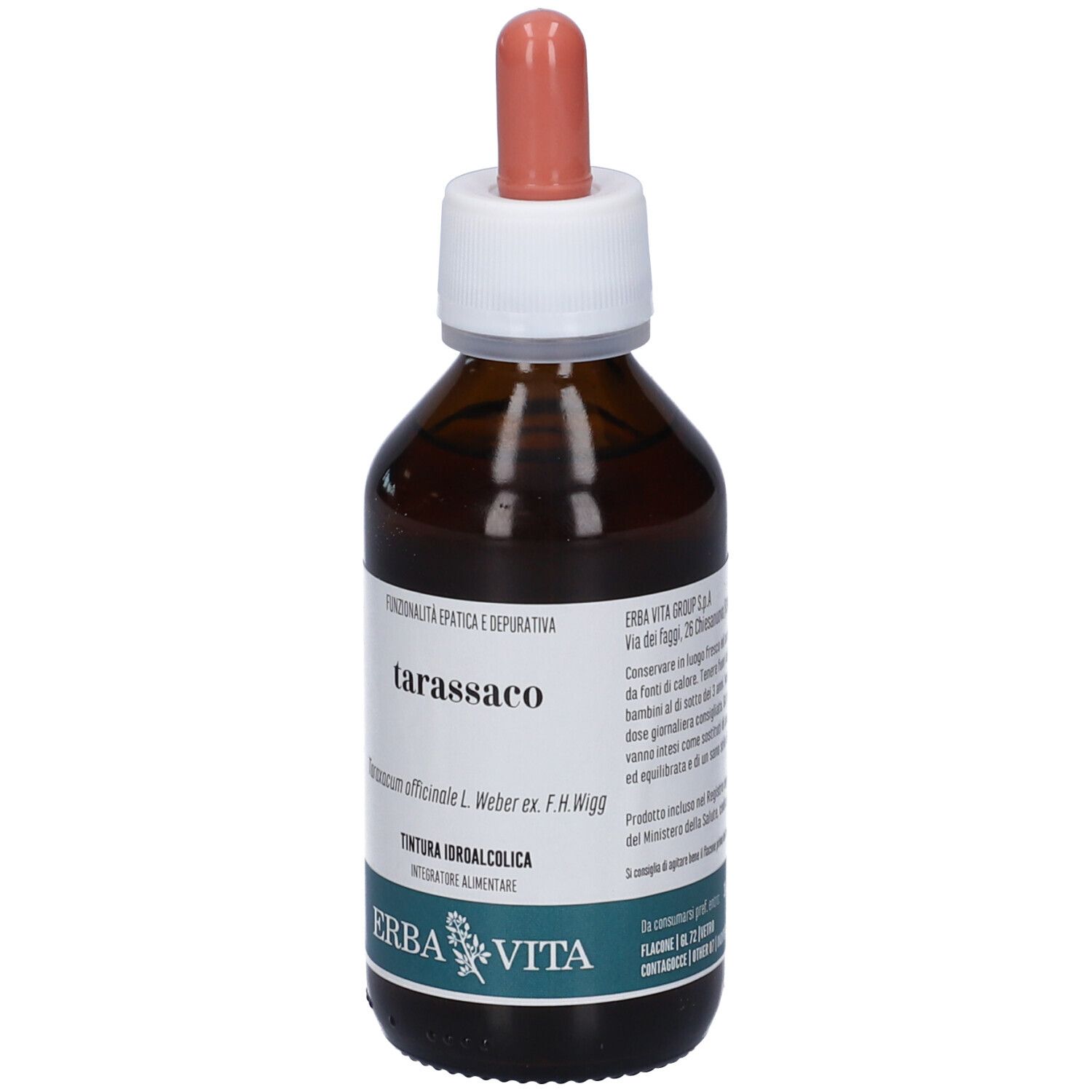 Flacone di vetro marrone con contagocce. Scritta "tarassaco" e "TINTURA IDROALCOLICA". Marchio: ERBA VITA.