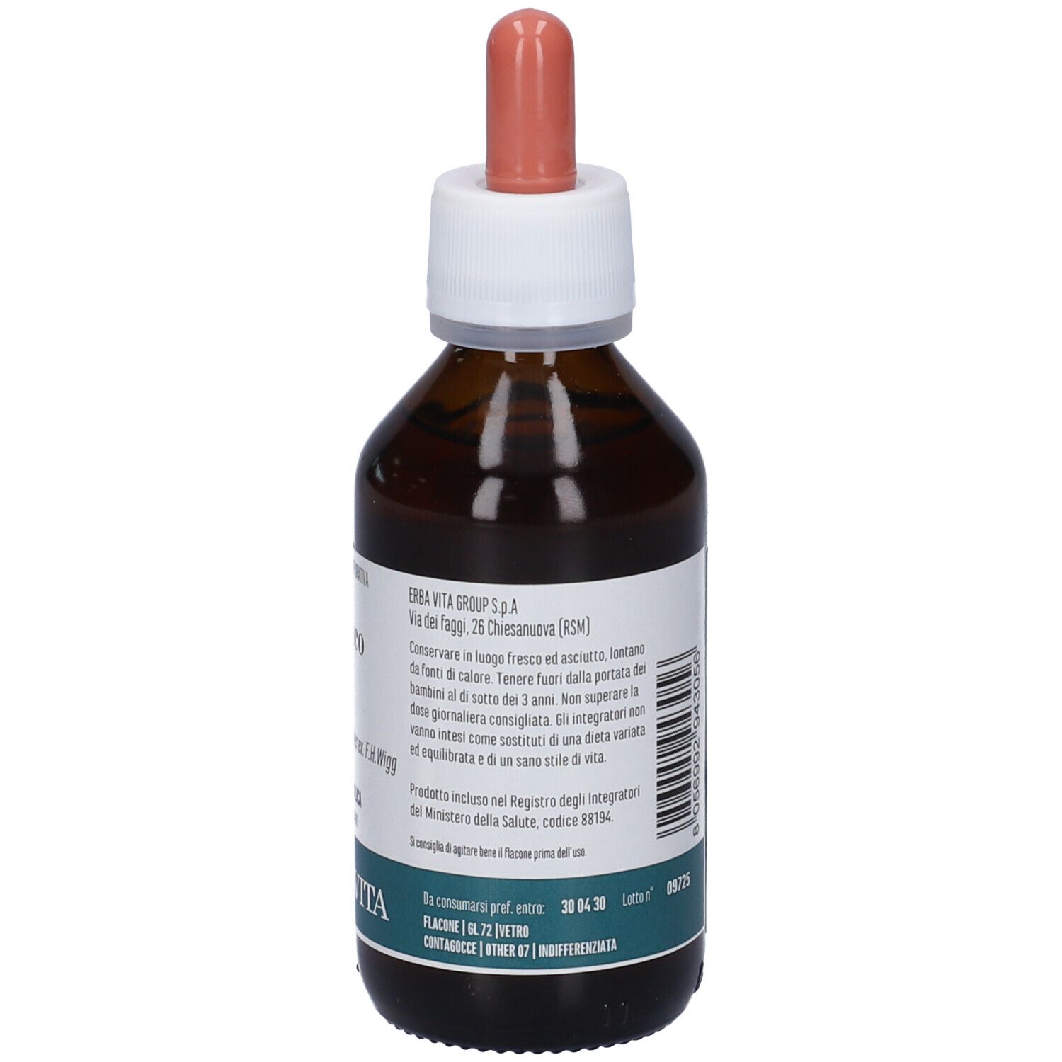 Flacone di vetro marrone con contagocce. Scritta "tarassaco" e "TINTURA IDROALCOLICA". Marchio: ERBA VITA.