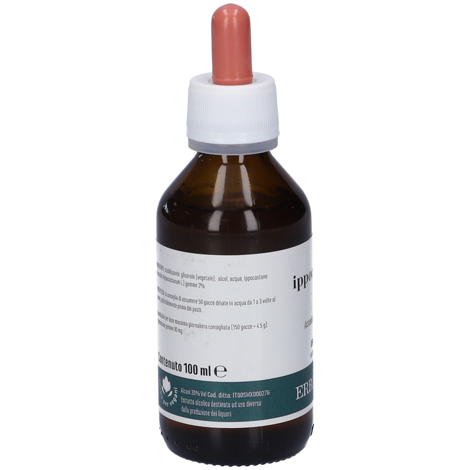 Flacone di vetro marrone con tappo bianco e contagocce rosa. Etichetta con informazioni.