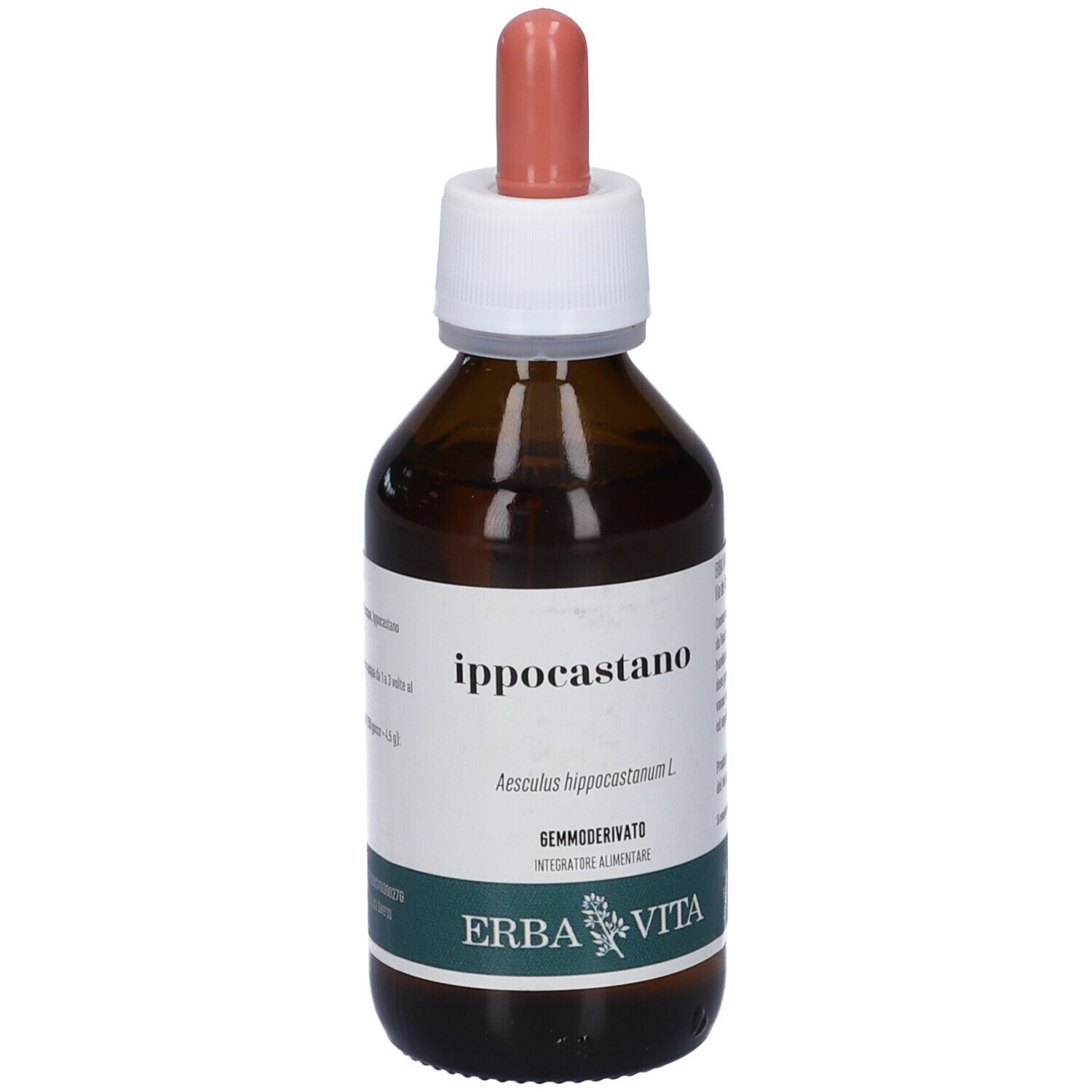 Flacone di vetro marrone con tappo bianco e contagocce rosa. Scritta: Ippocastano, Erba Vita.