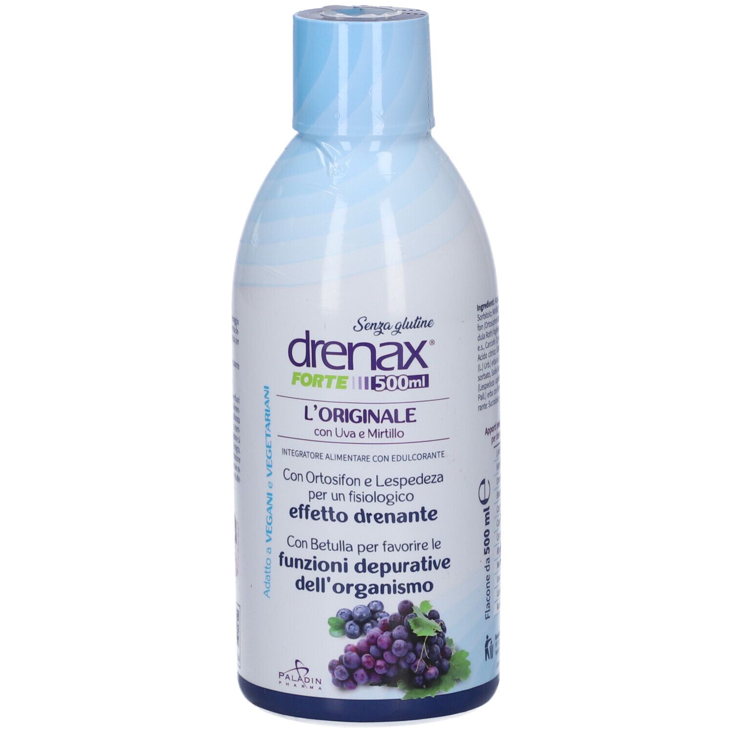 Bottiglia bianca e blu con etichetta. Drenax Forte 500ml, L'Originale con Uva e Mirtillo. Immagine di uva.