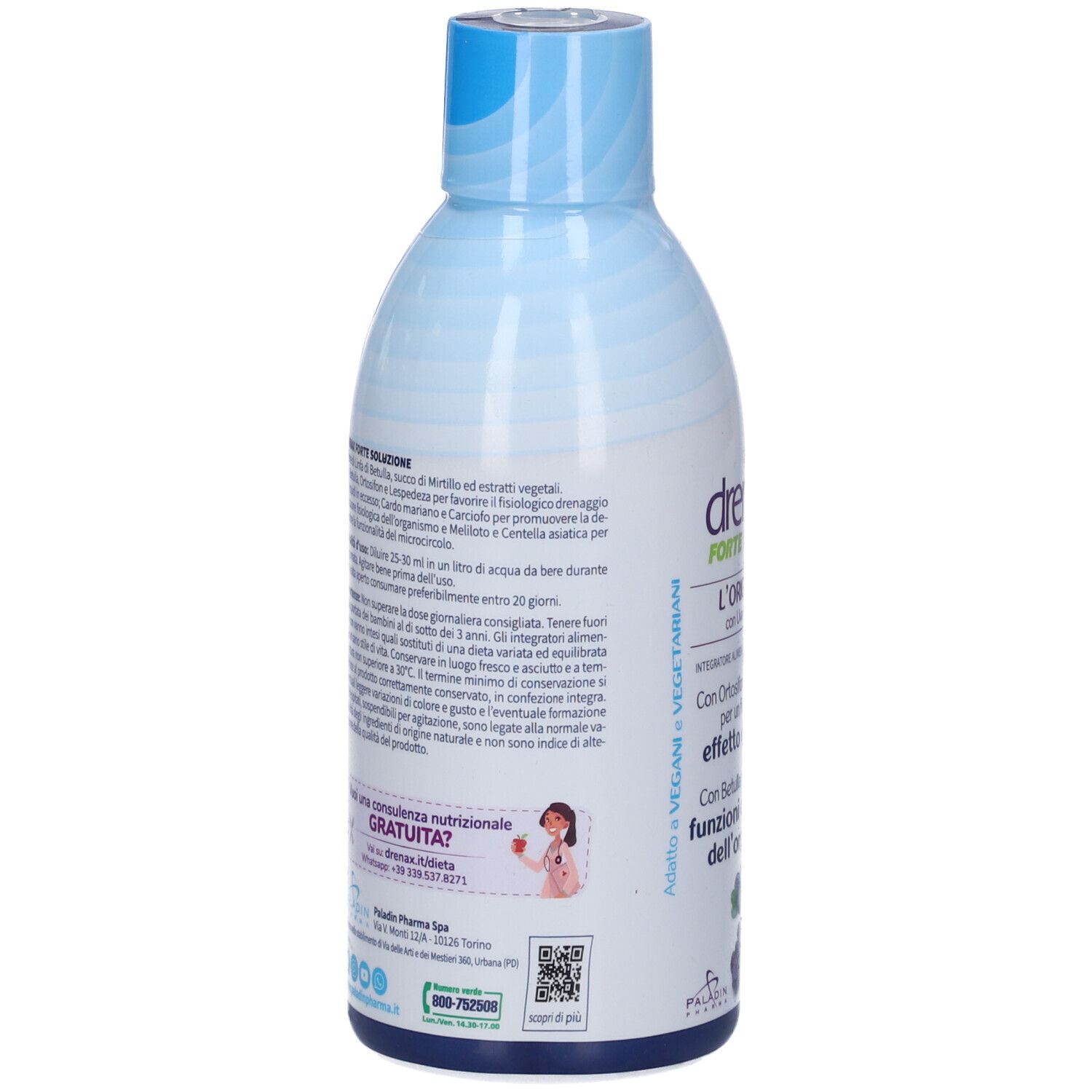 Retro di una bottiglia bianca e blu. Testo: Drenax Forte, L'Originale. Informazioni e codice QR.