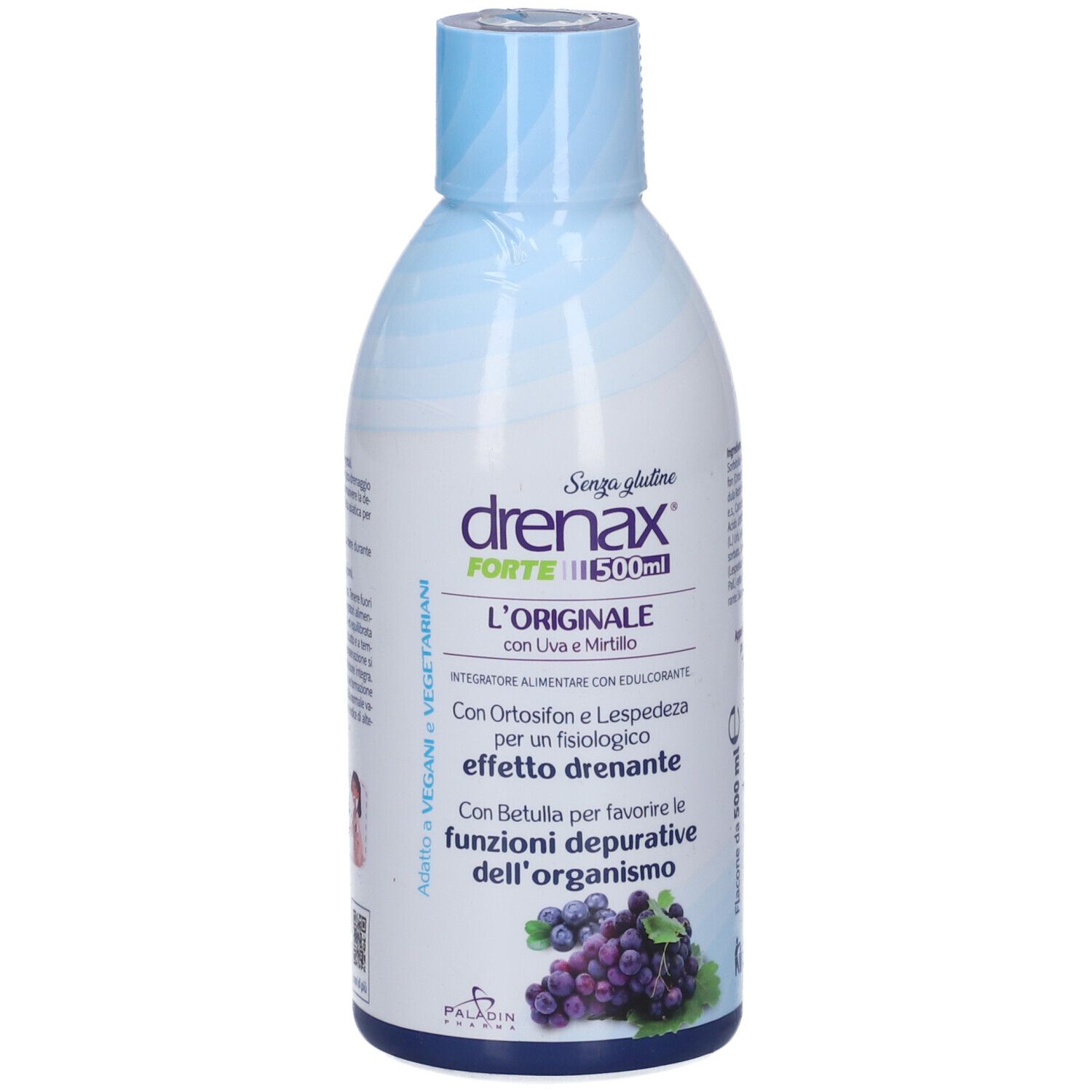 Bottiglia bianca e blu con etichetta. Drenax Forte 500ml, L'Originale con Uva e Mirtillo. Immagine di uva.