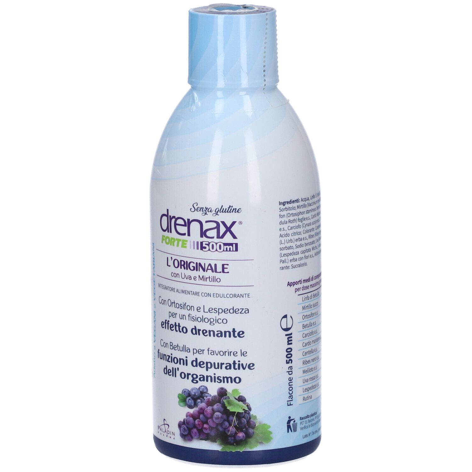 Bottiglia bianca e blu con etichetta. Drenax Forte 500ml, L'Originale con Uva e Mirtillo. Ingredienti.