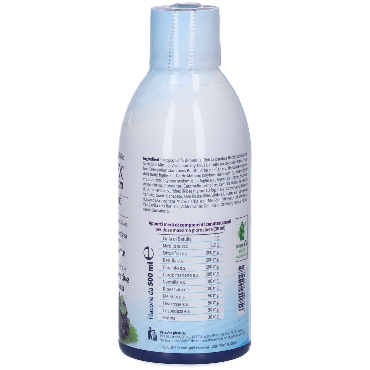 Retro di una bottiglia bianca e blu. Testo: Drenax Forte 500ml. Ingredienti e informazioni nutrizionali.