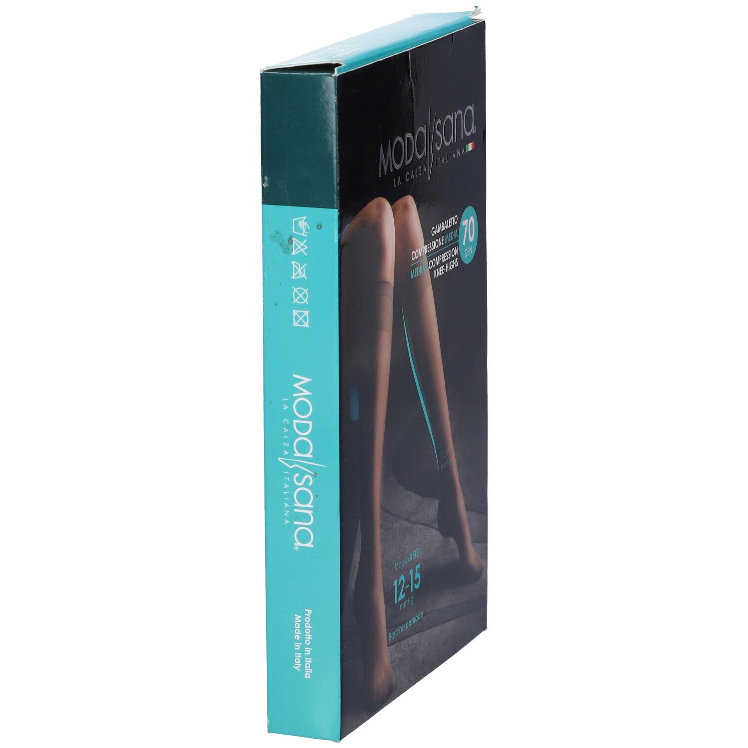 Vista laterale della confezione. Calze al ginocchio Modasana. Compressione 70 den. La Calza Italiana.